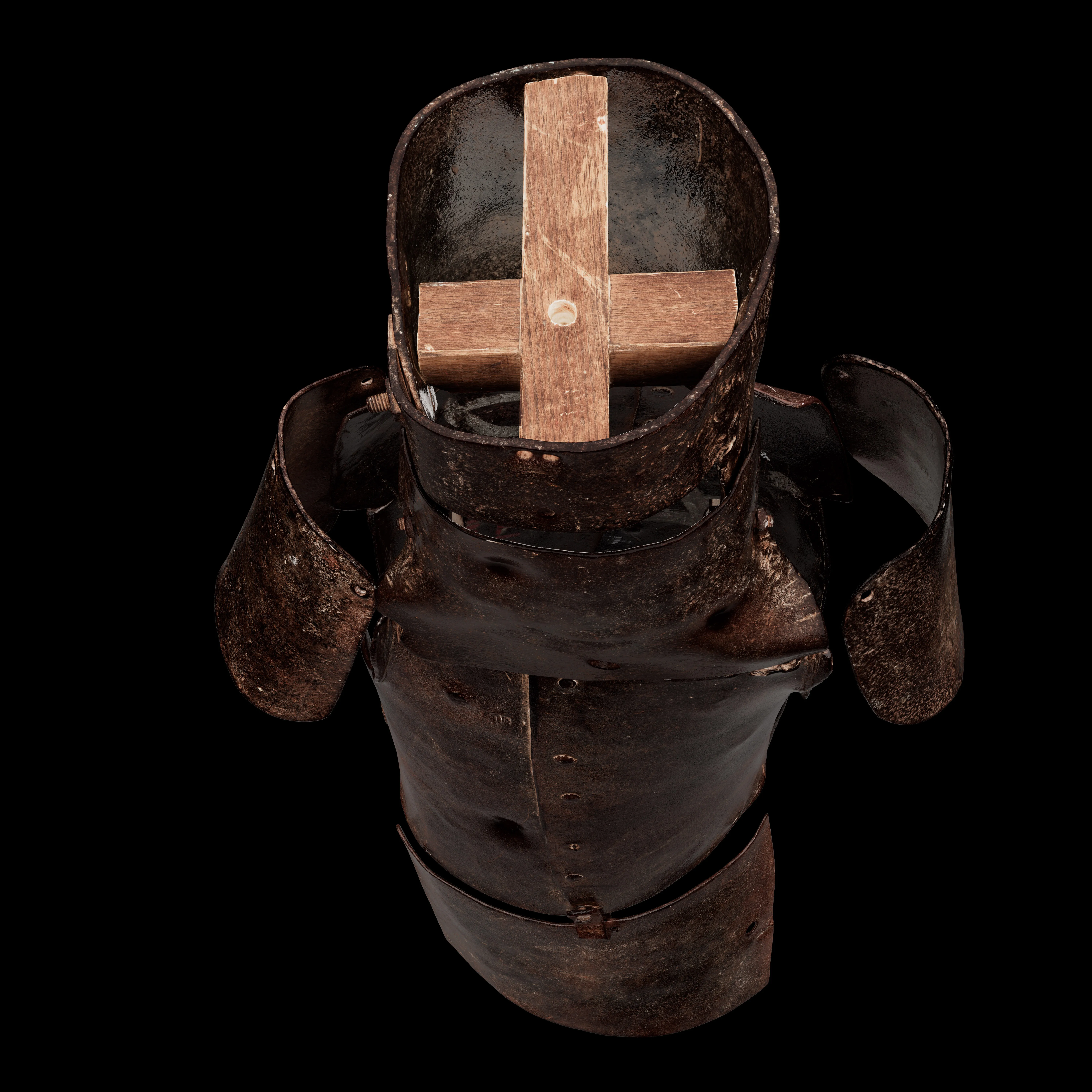 Metal armour with shoulder guards displayed against a black background, shown from above.