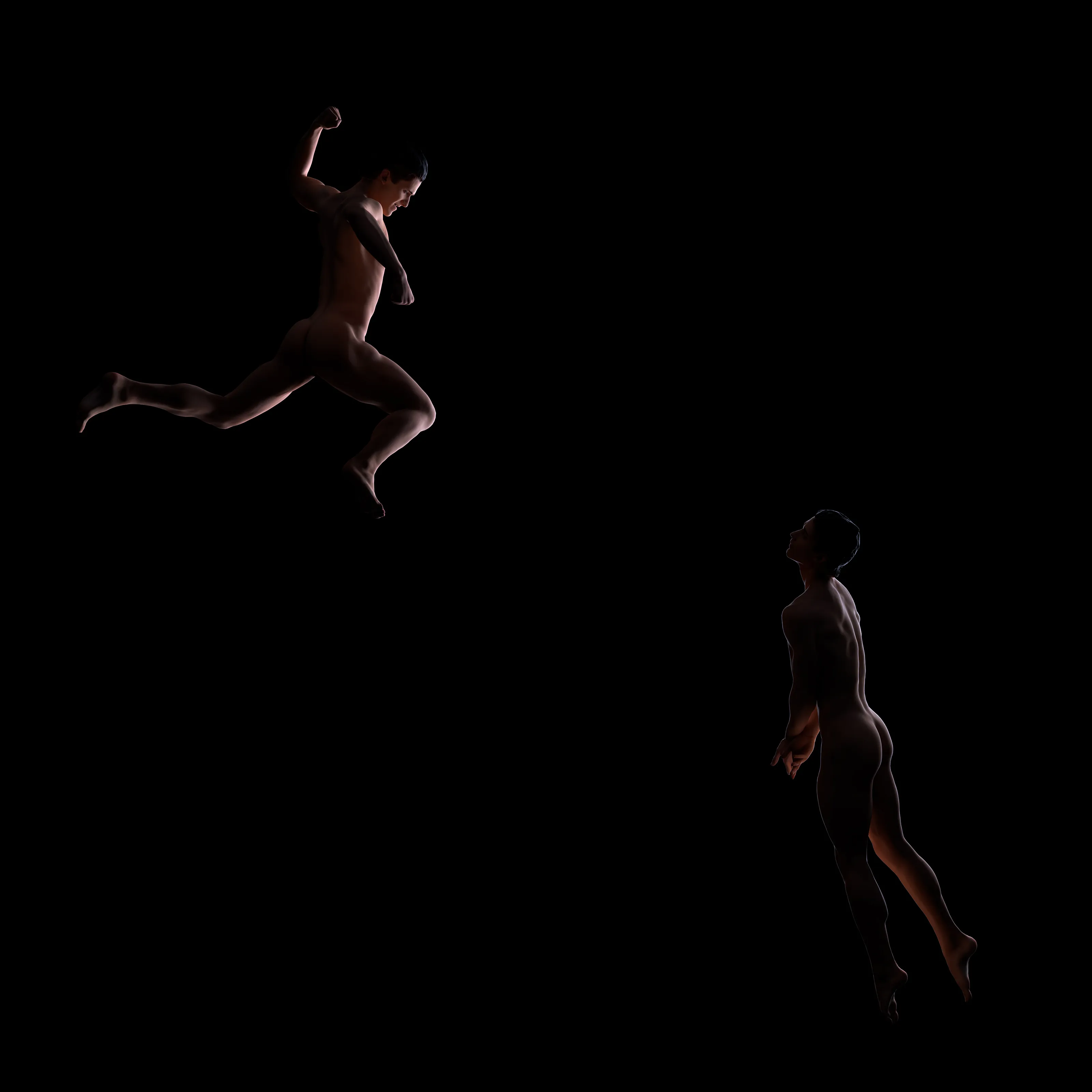 Two male nude bodies float in a black void like statues.