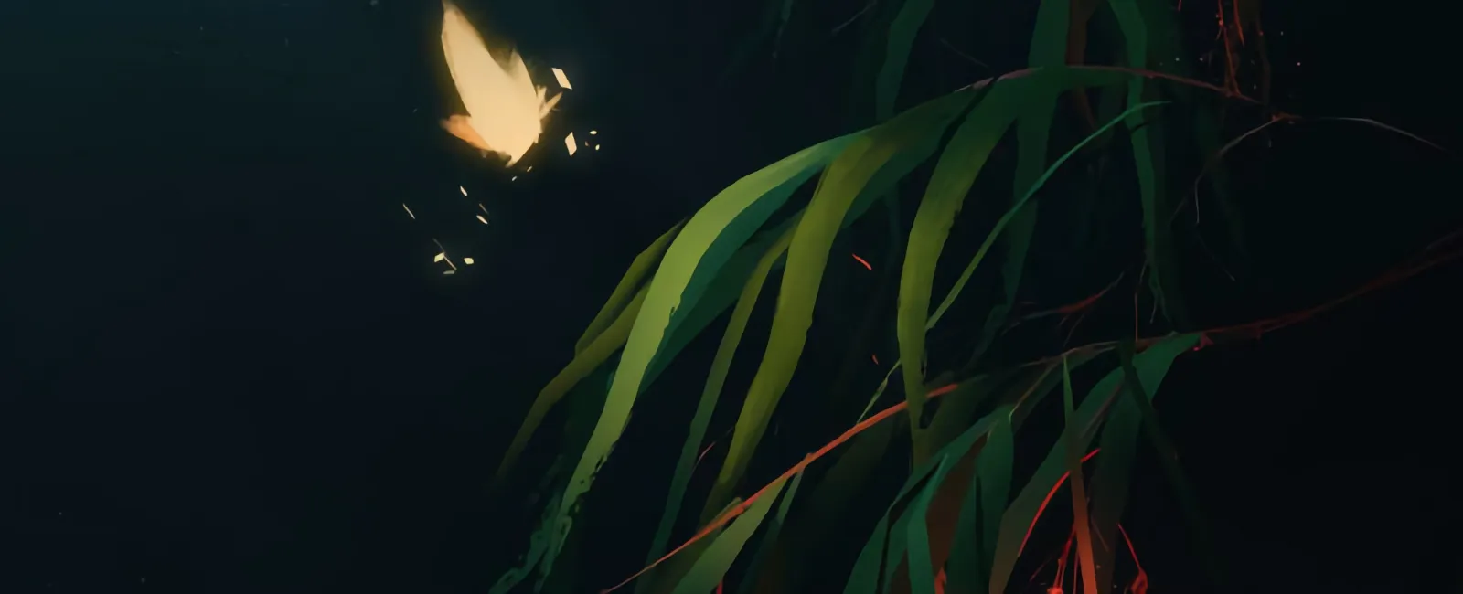 An illustration of a yellow glowing moth hovering beside a branch of eucalyptus leaves.