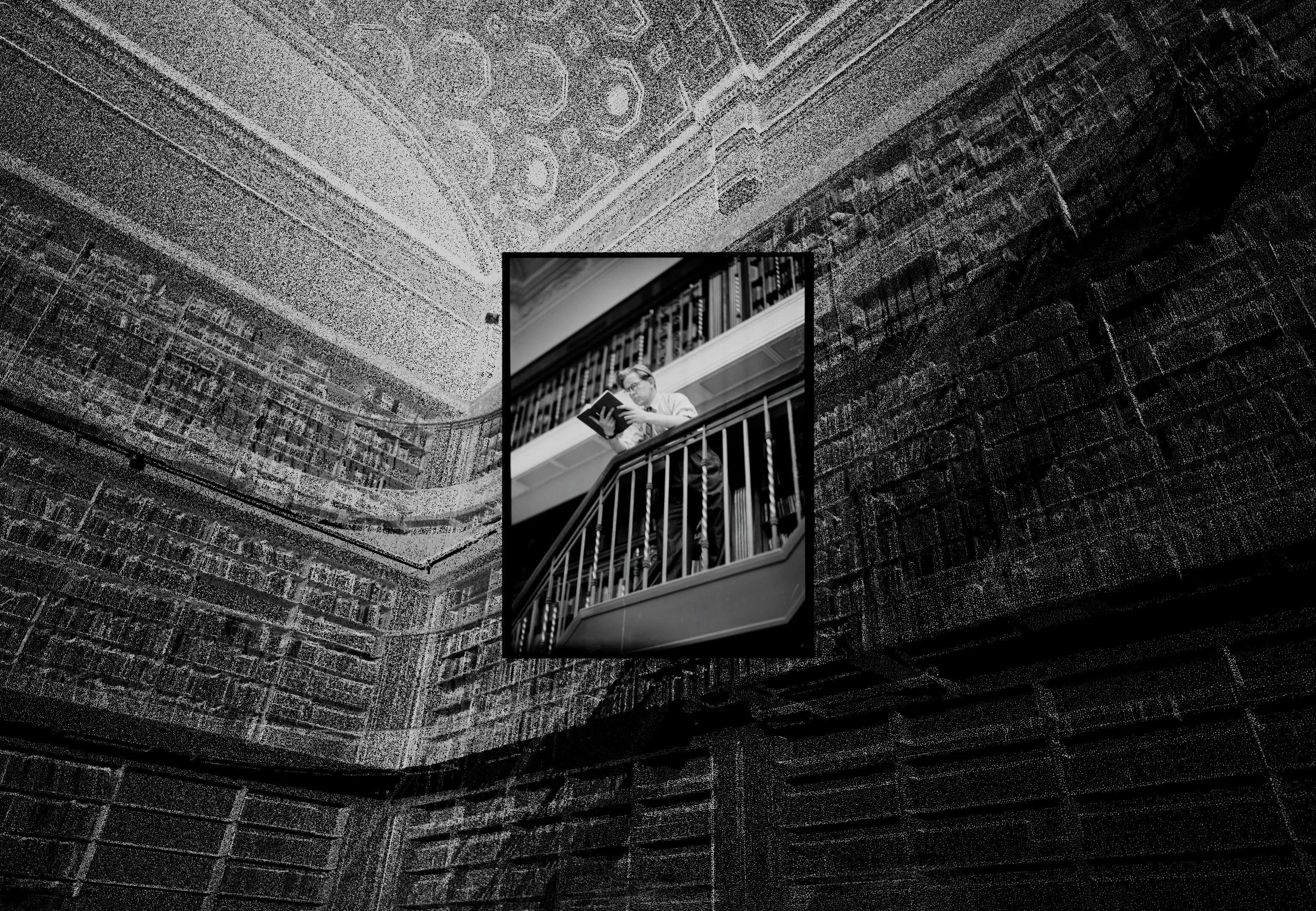 An old photograph of a man reading a book in the reading room, set within a point cloud scan.