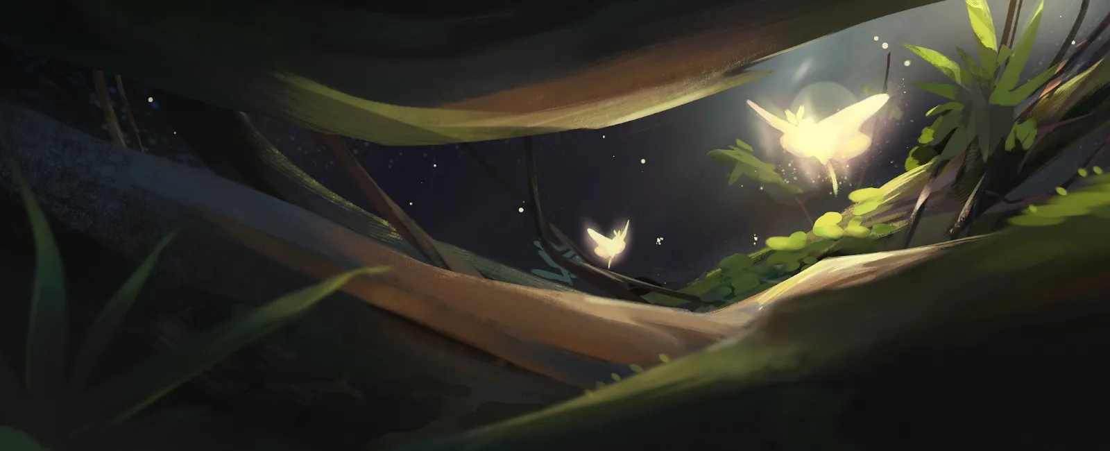 A illustration of two glowing moths and some surrounding foliage.