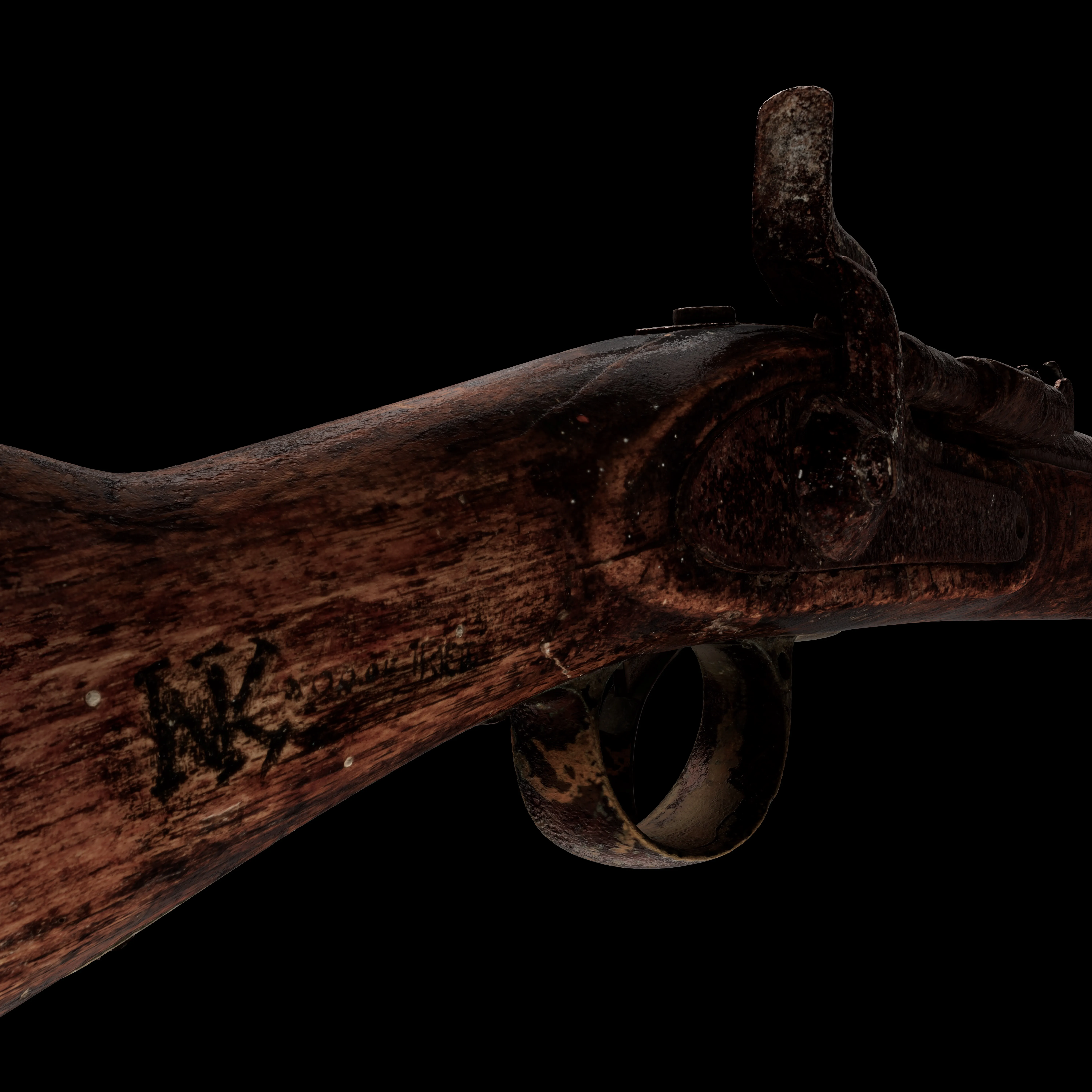 Close-up of a worn, vintage wooden rifle stock with a trigger mechanism and visible black markings that read 'N.K', against a black background.