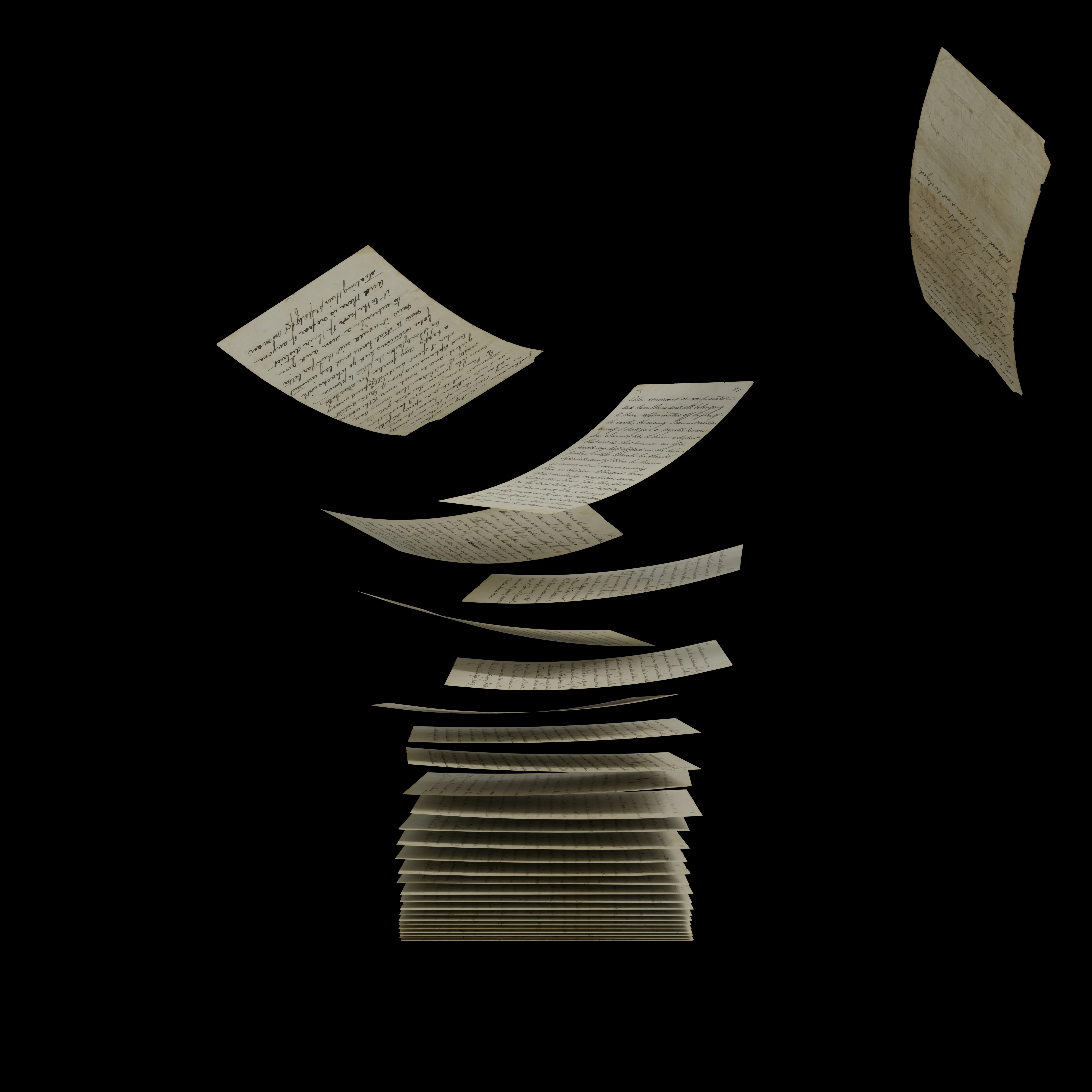 Vintage handwritten letters with cursive script scattered and floating against a black background.