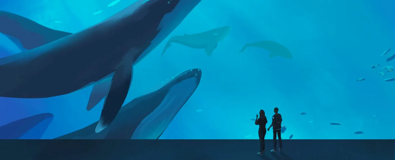 An illustrated style frame of two people standing in front of massive projected image of several whales.
