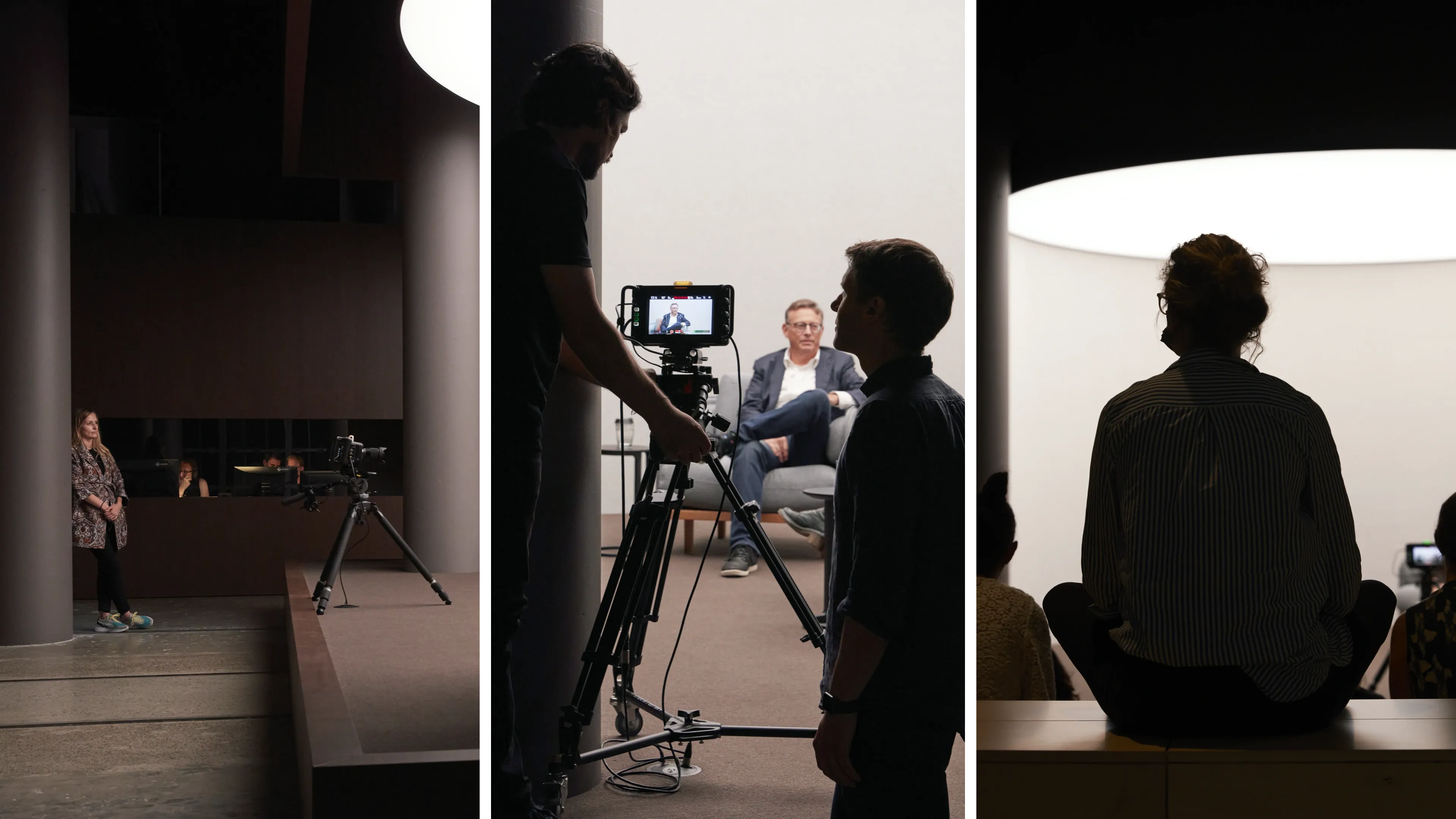 Three photographs: a woman watching an interview take place; two silhouetted men operating a camera in front of an interview taking place; the silhouete of a woman sitting in the audience watching an interview take place.