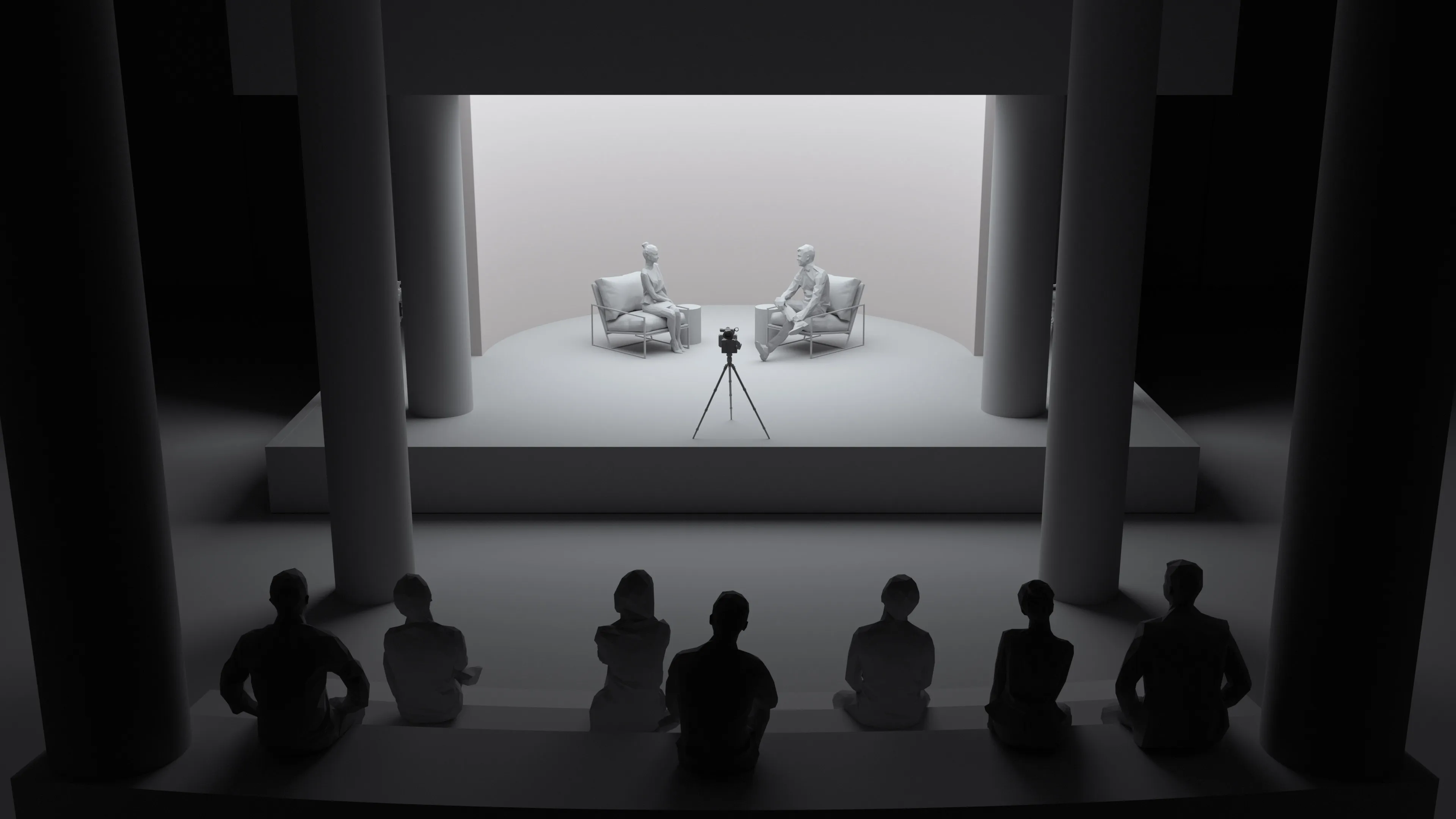 3D render of two people sitting in large grey chairs on a well-lit stage conducting an interview. Everything is white, as if made of plaster.