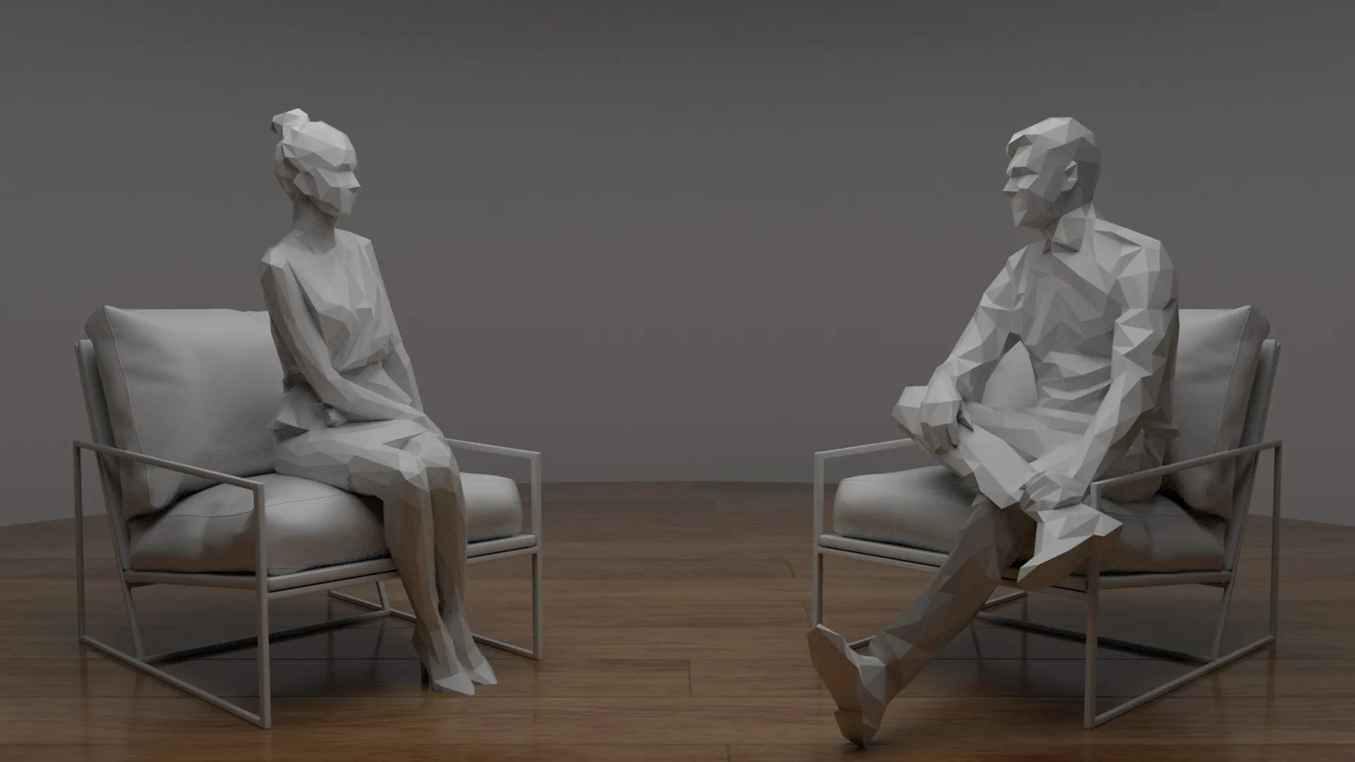 A 3D render of two people sitting on chairs facing one another.
