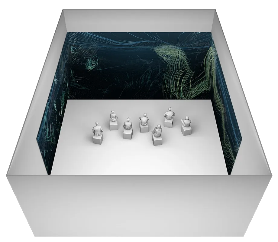 3D visualisation of an exhibition space with seven seated figures facing large screens displaying flowing abstract line patterns.
