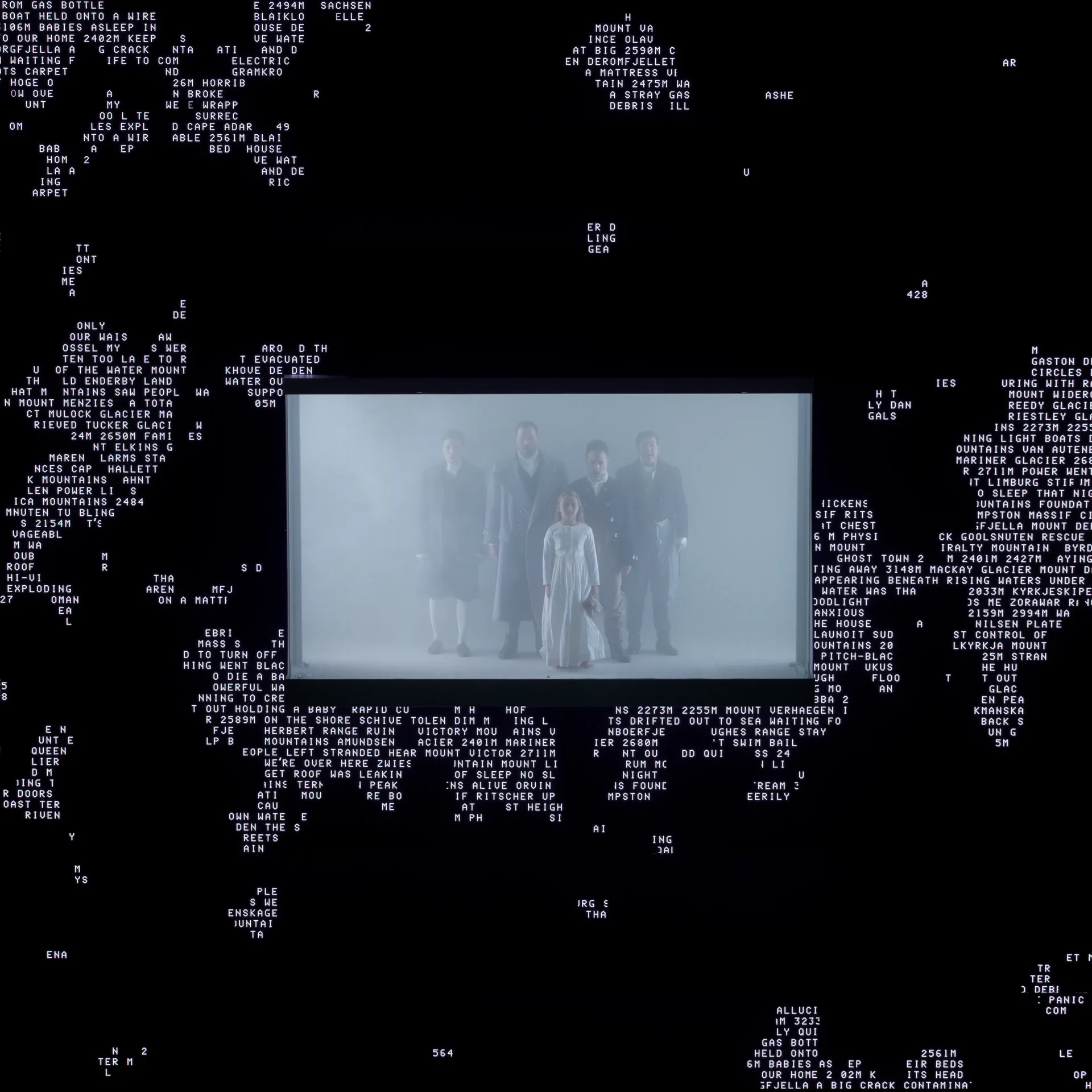 Figures on a mist-filled stage surrounded by fragmented white text on black.
