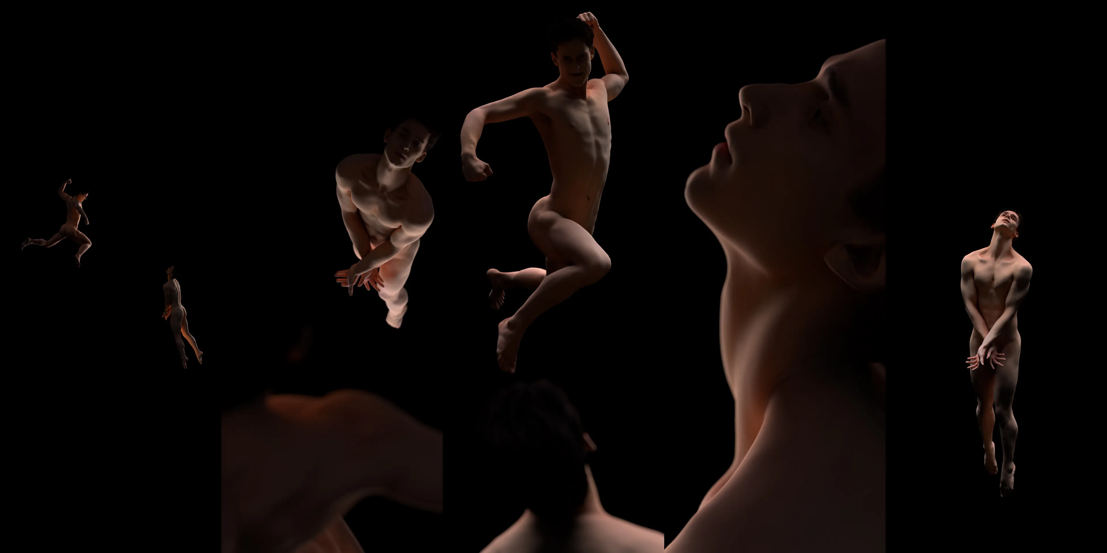 A panel of 5 vertical 3D renderings of two nude bodies floating in space like statues. The two bodies are the same man.