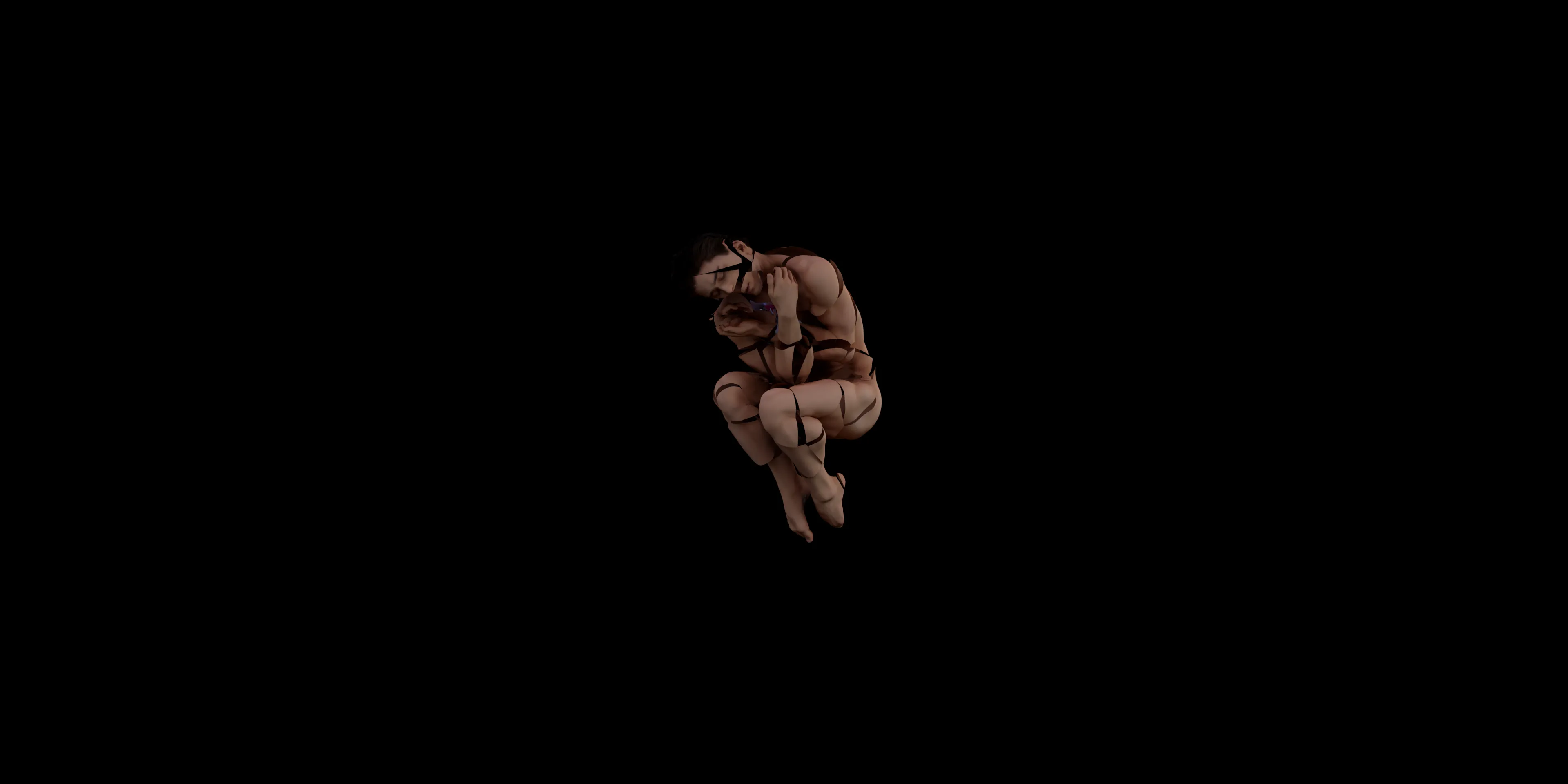 A nude man floats in a black void. His body is breaking up into shards, revealing that he is only a shell.