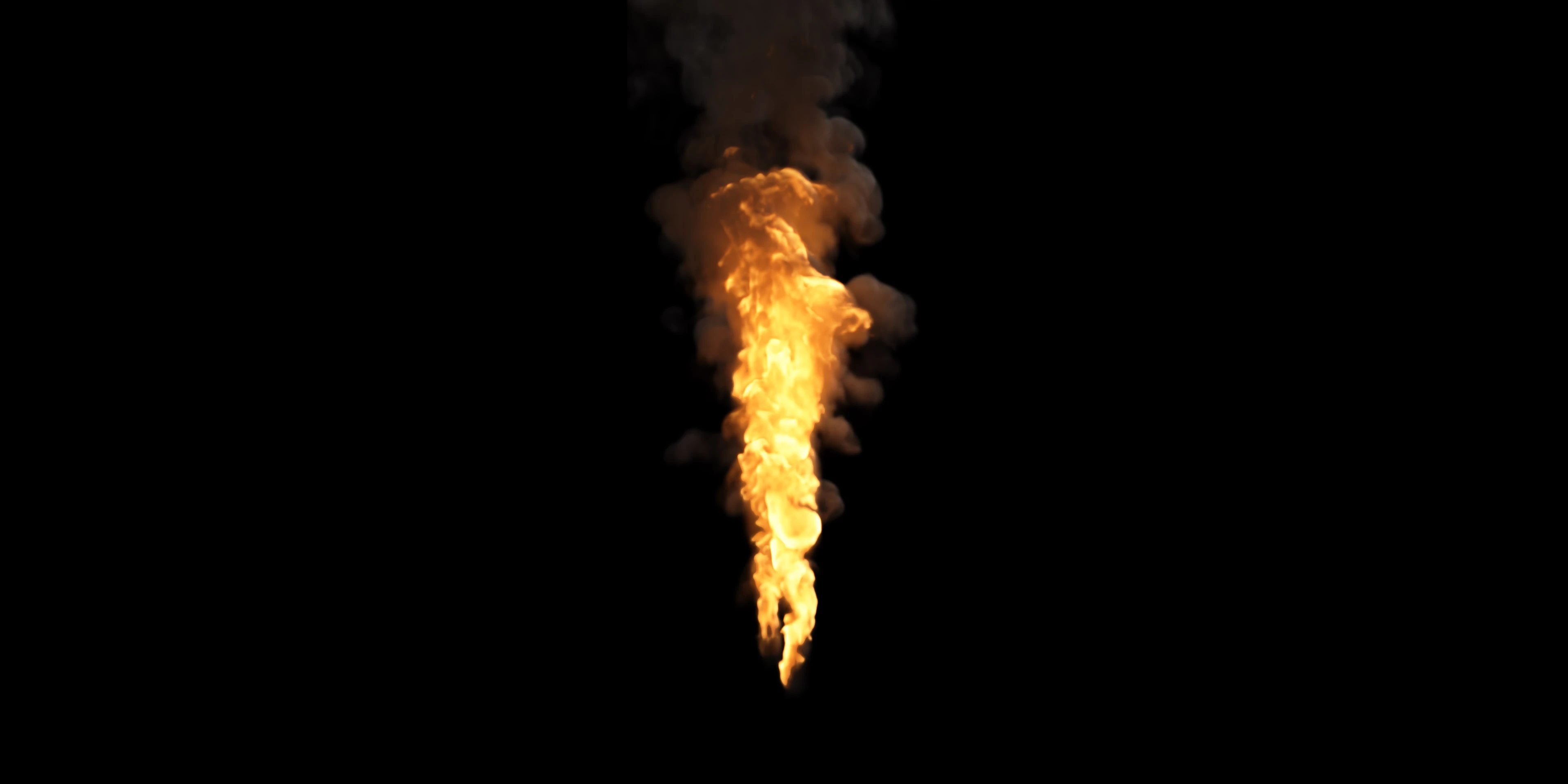 A column of orange flame and smoke suspended against a black background.