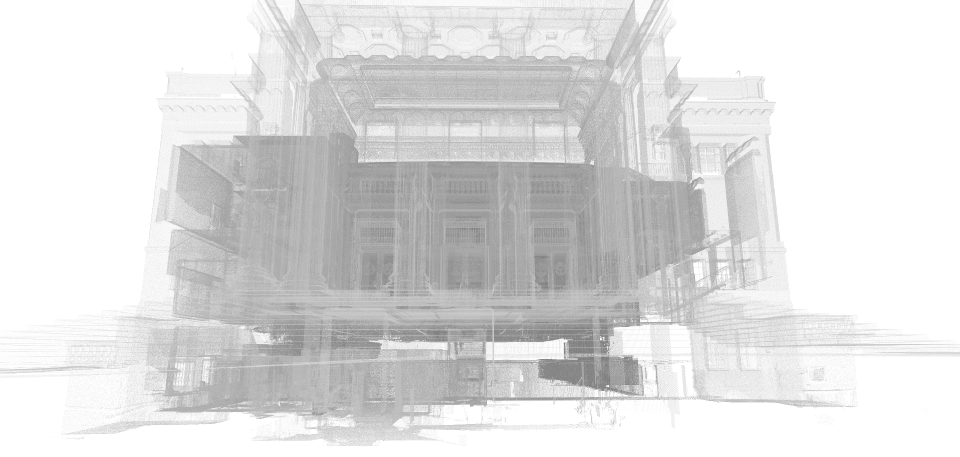 LiDAR point-cloud scan of an ornate historic building interior, viewed from the front with its architectural structure rendered in translucent grey.