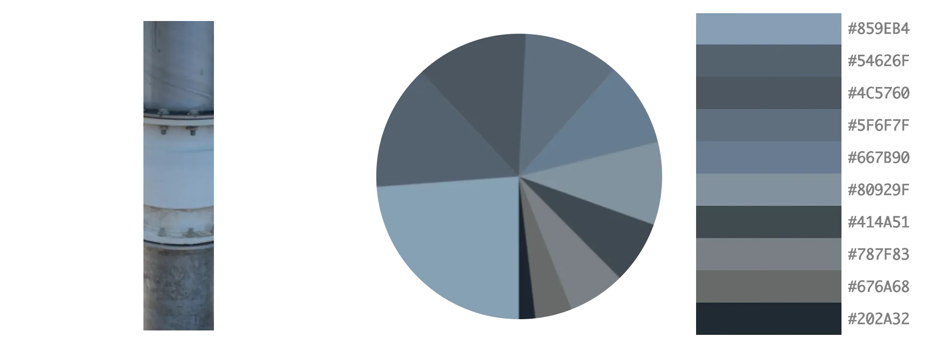 A photograph of thick metal pipe beside a graphic depicting its colour palette: greys and pale blues.