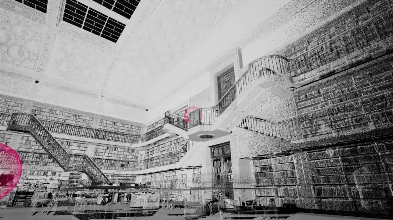 LiDAR point-cloud scan of a historic library interior showing bookshelves, balconies and sweeping staircases, with virtual navigation markers.