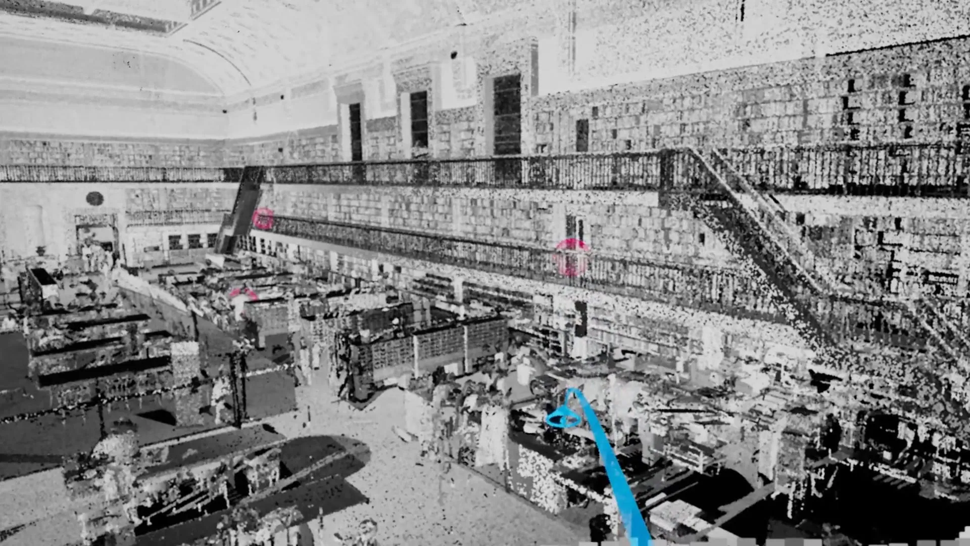 Virtual reality view of a LiDAR point-cloud scan of a historic library interior, with navigation markers and a blue movement path.