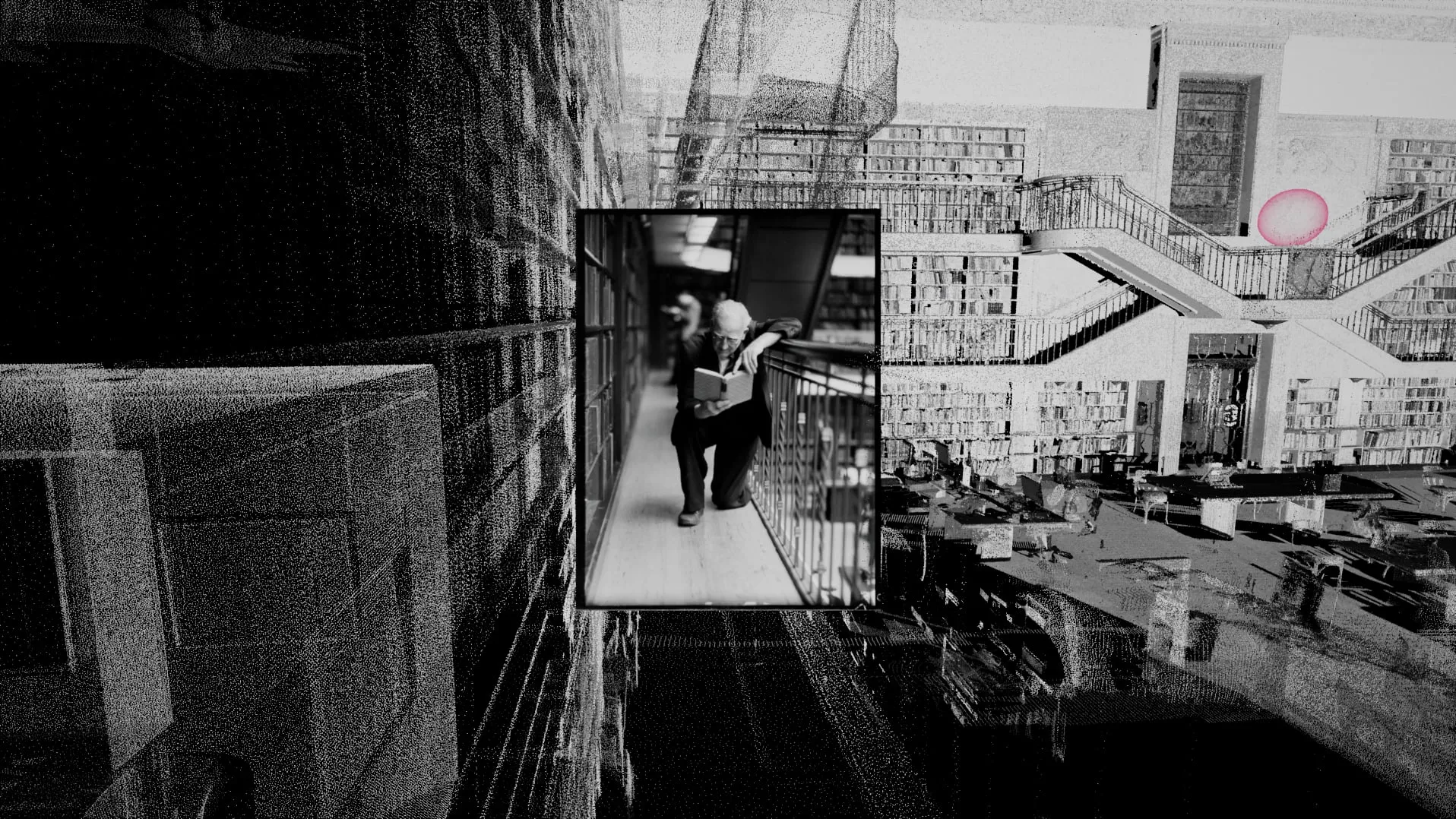 Black-and-white digital reconstruction of a library interior with a portrait suspended in the centre