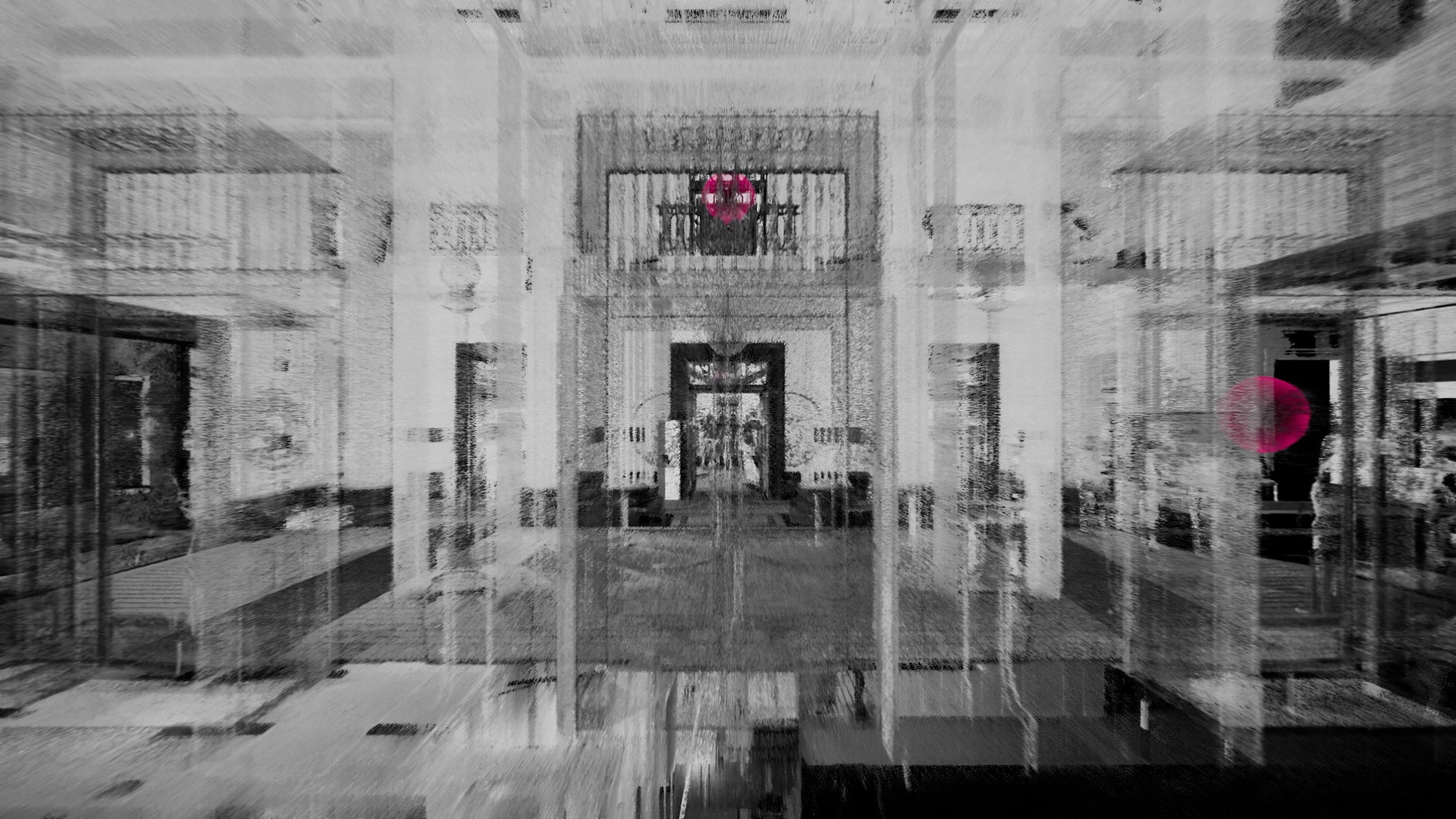 Monochrome point-cloud rendering of an interior space with two bright pink forms.