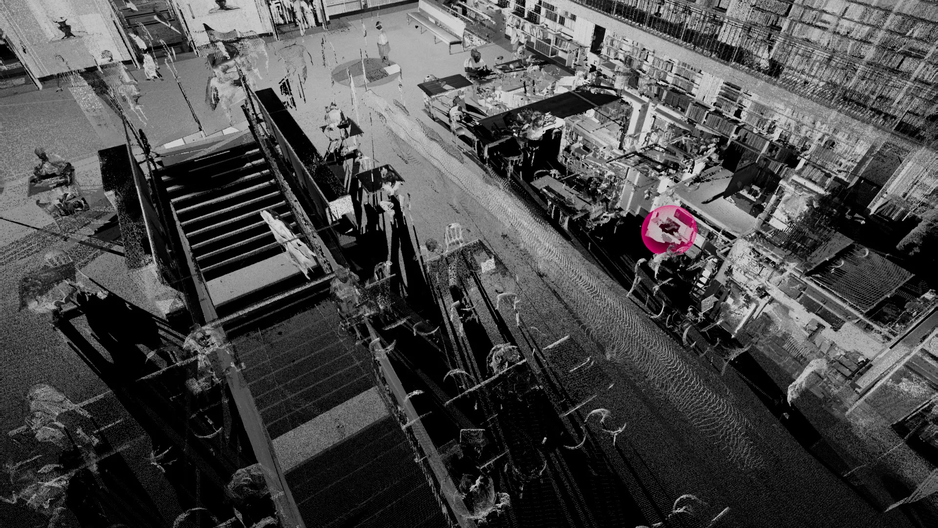 A high-angle view of the Library reading room captured as a black & white point cloud scan.