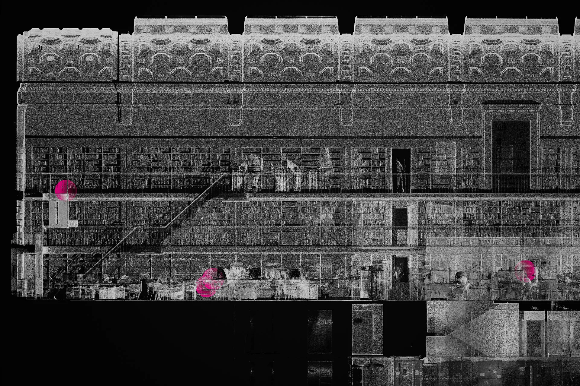 A black & white point cloud scan of the Library in section view.