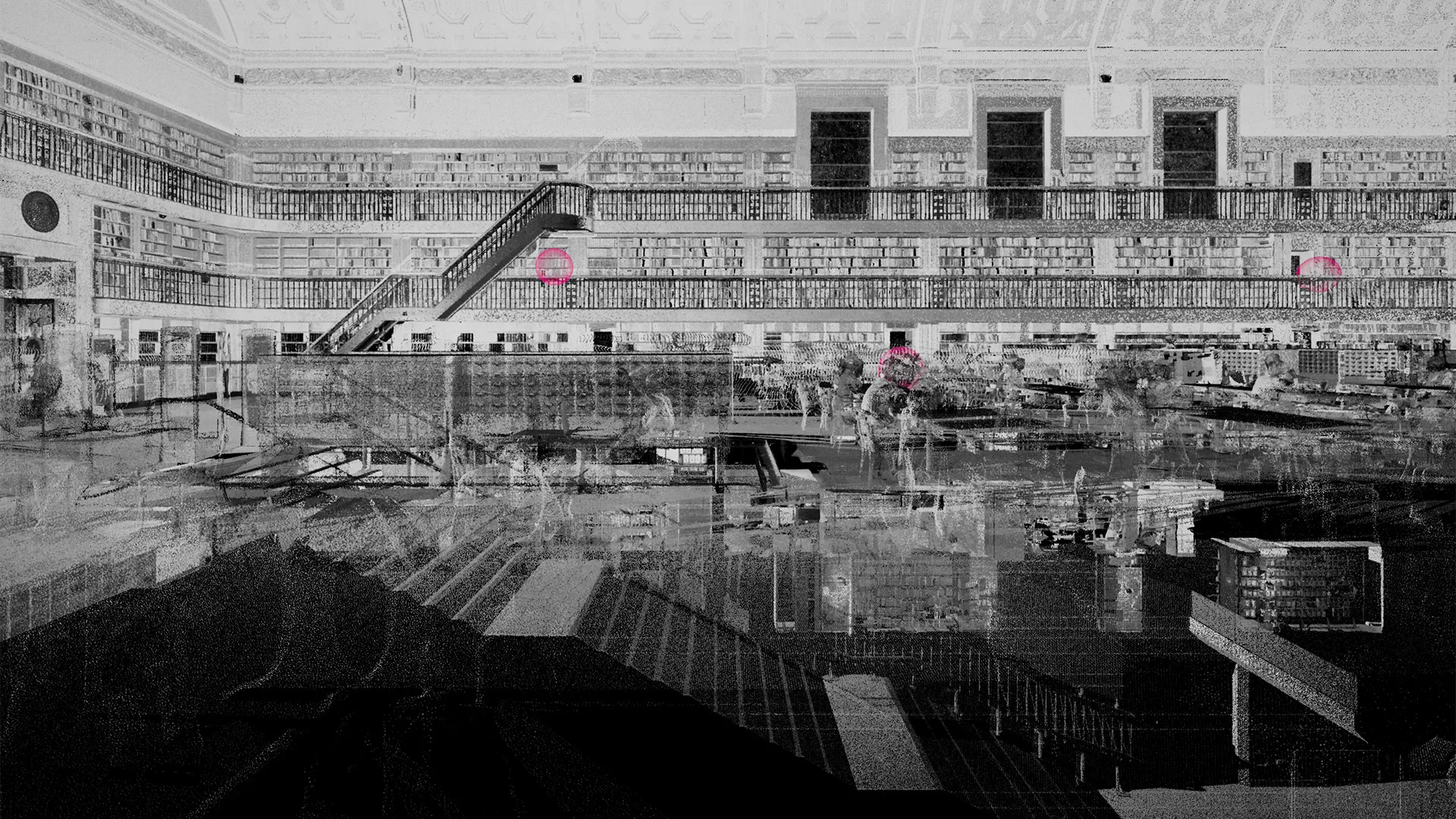 A black & white point cloud scan of the library.