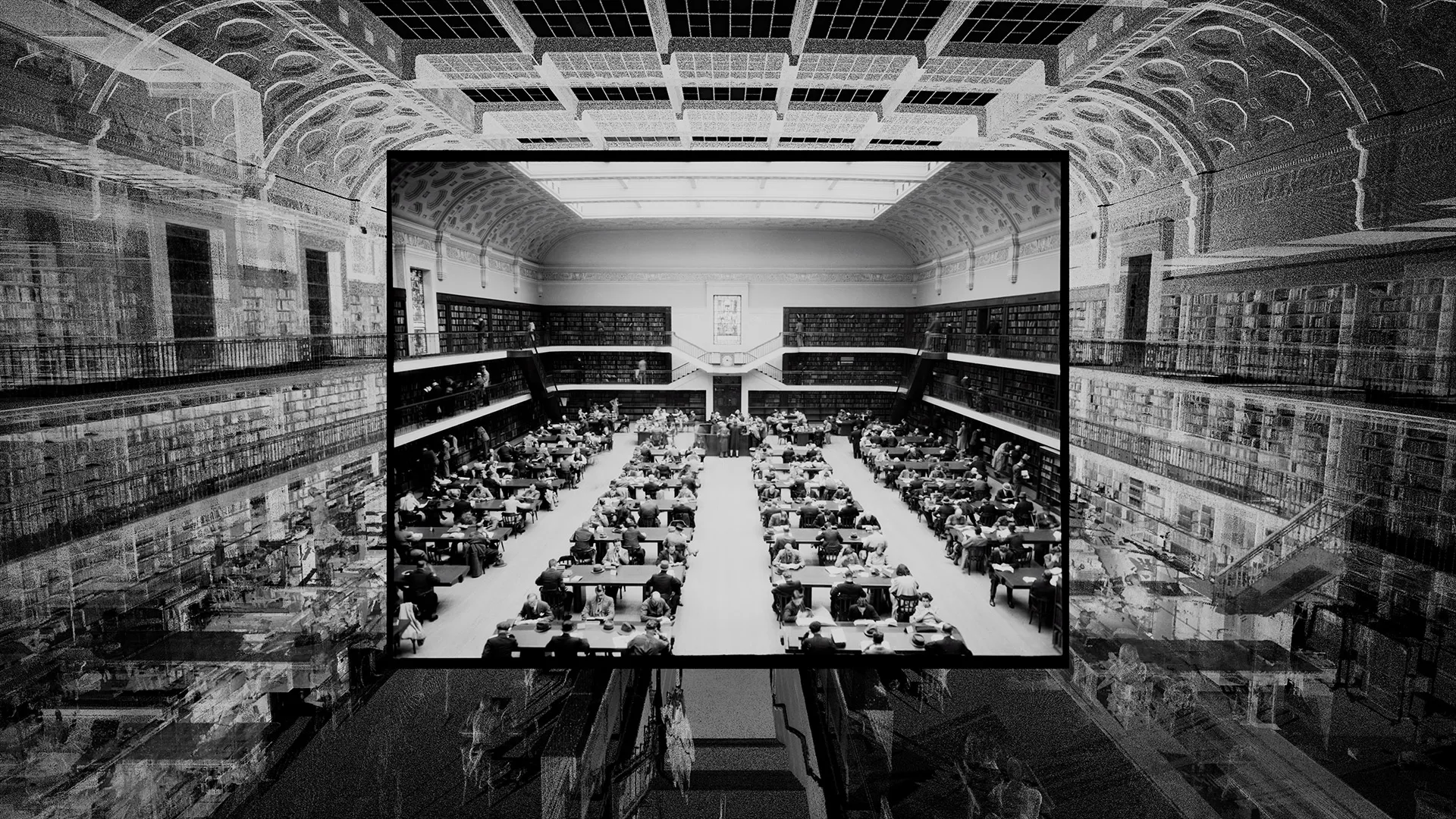 An old black & white photograph of the State Libary reading room is set within a point cloud scan of the library reading room.