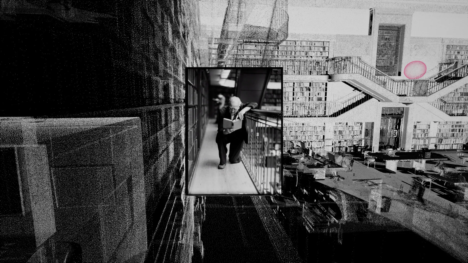 An old photograph of an elderly man kneeling on the ground and reading a book is set within a point cloud scan of the library.