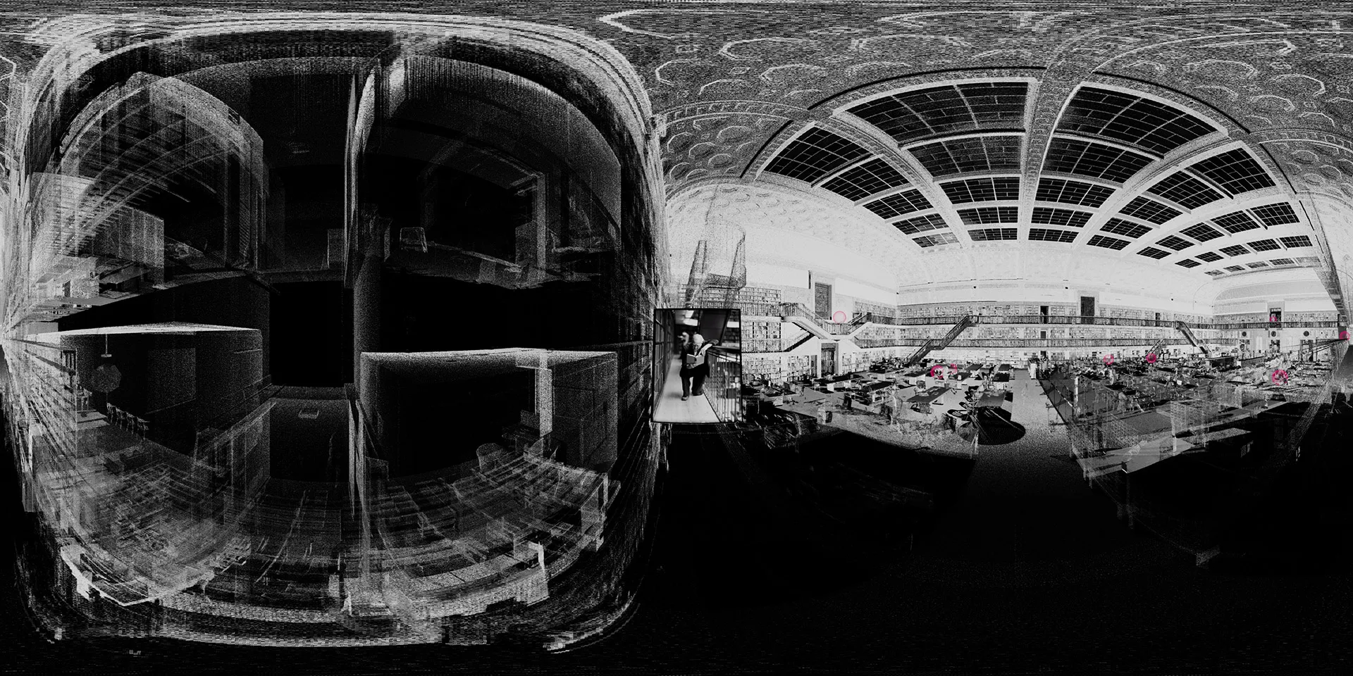 A 360 panoramic point cloud scan of the State Liubrary reading room.