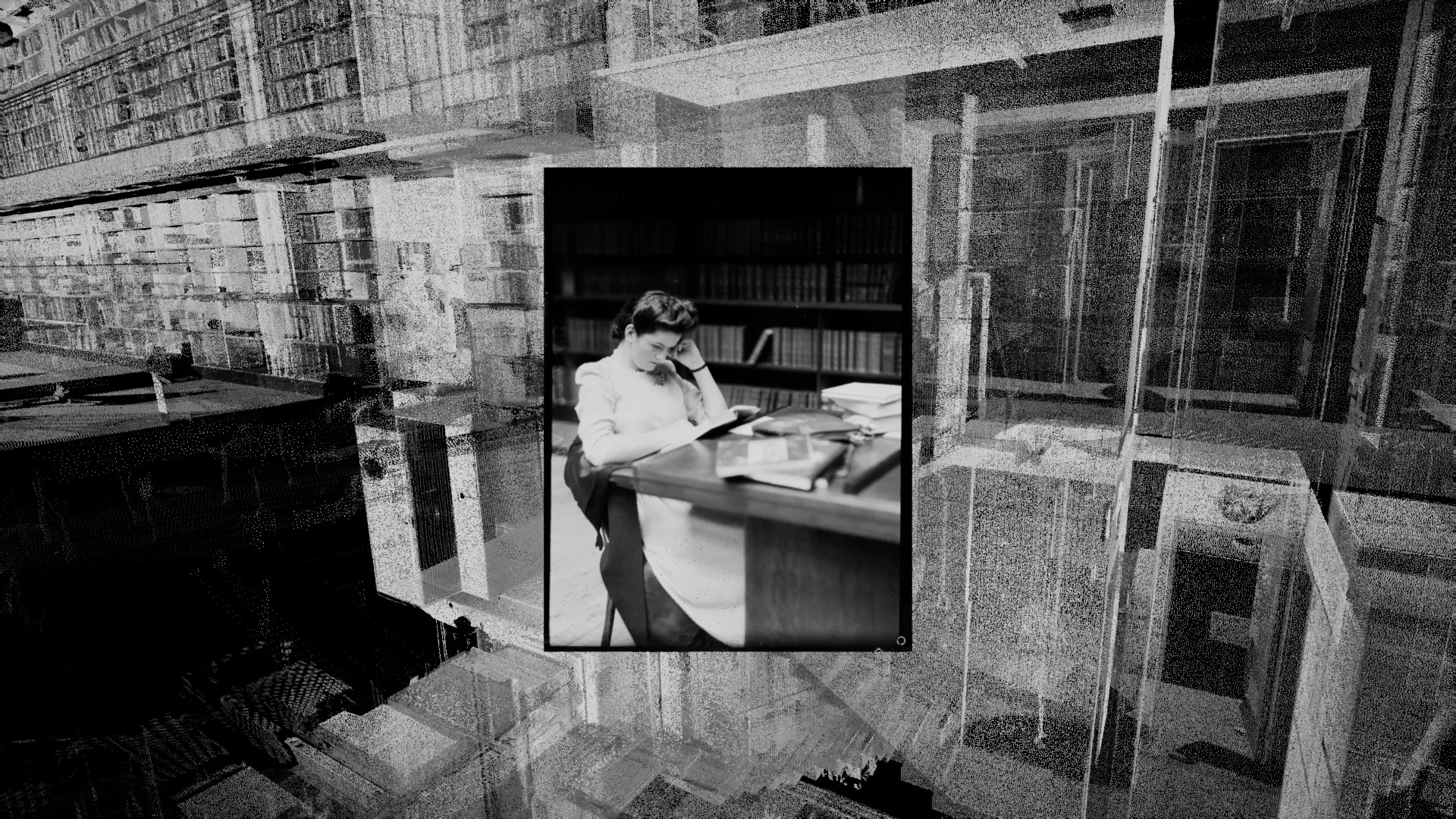 An old photograph of a woman sitting at a desk reading is set within a point cloud scan of the library.