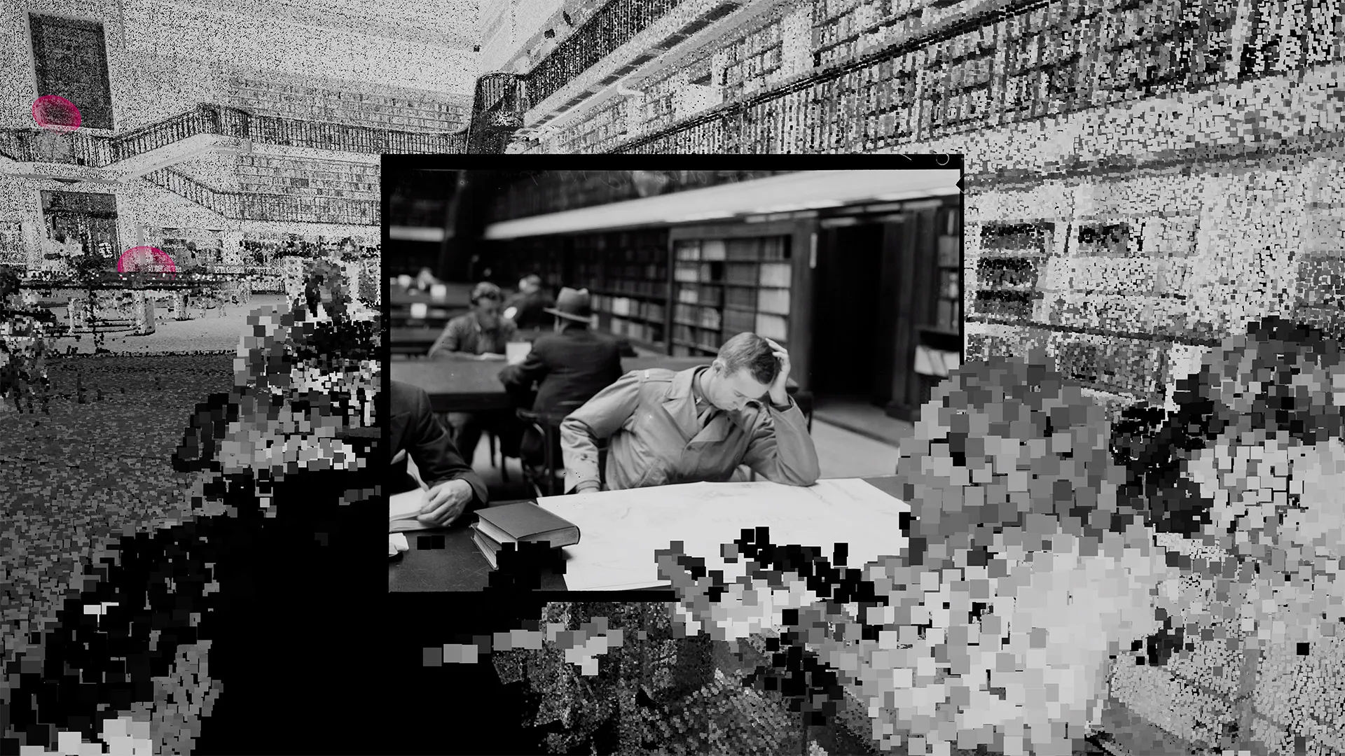 In an old photograph, a mans studies a large map on a desk in the library reading room. The photo is set within a point cloud scan of the library.
