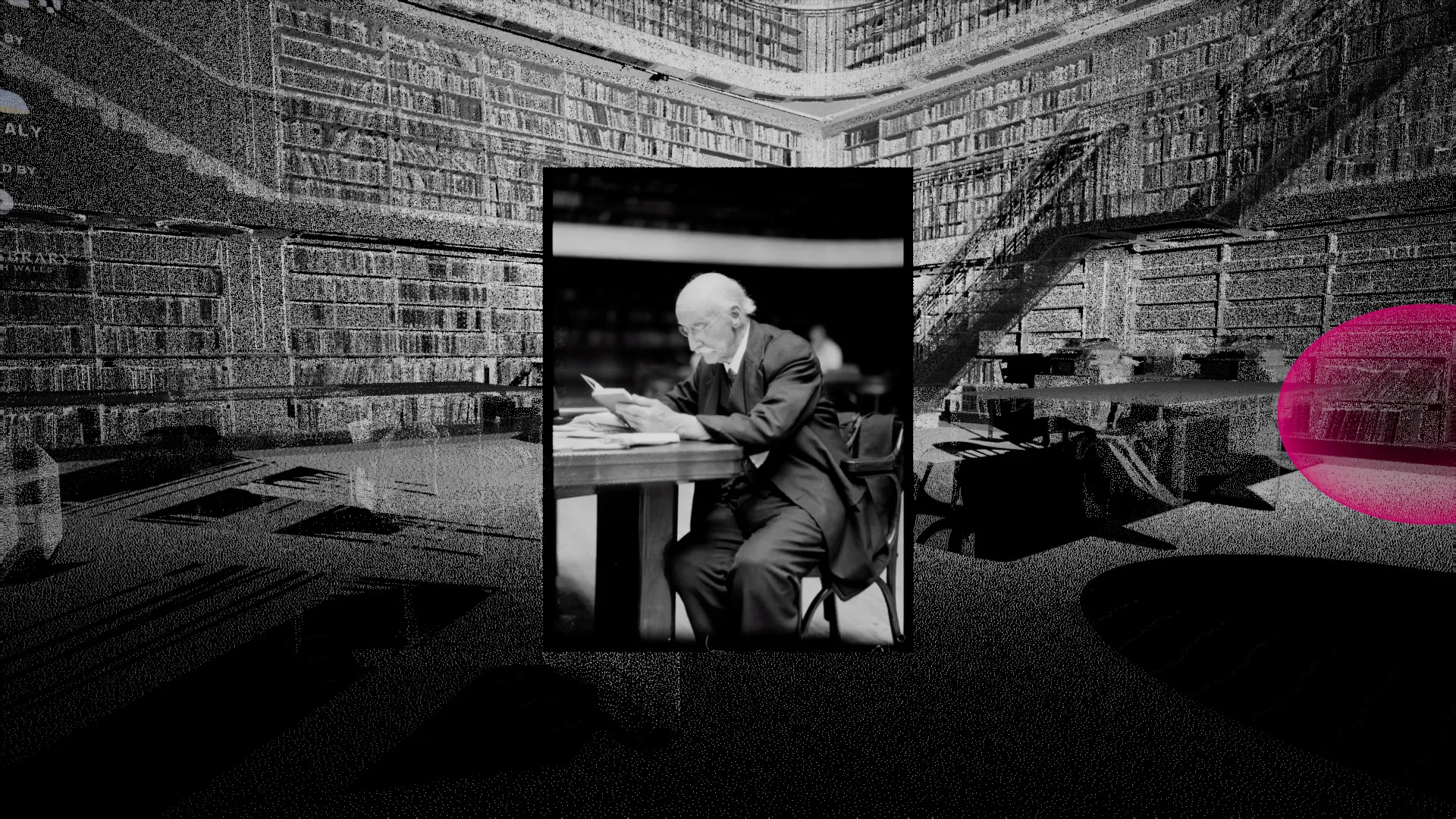 An old black & white photograph of an elderly man is set within a black & white point cloud scan of the State Library reading room.