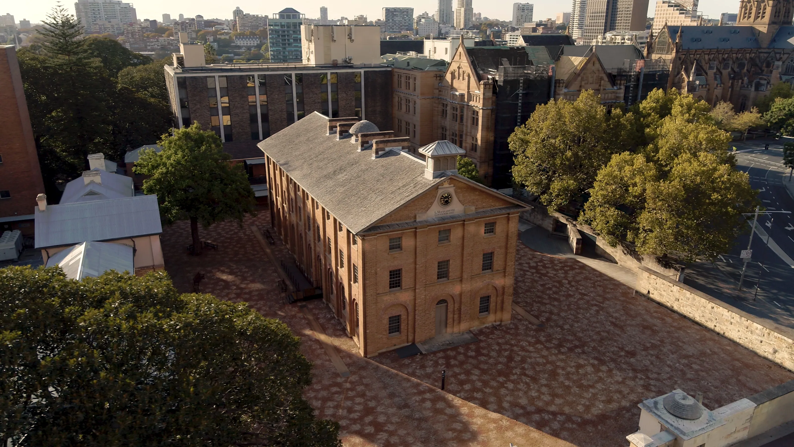 Aerial mid-morning view of the Hyde Park Barracks.