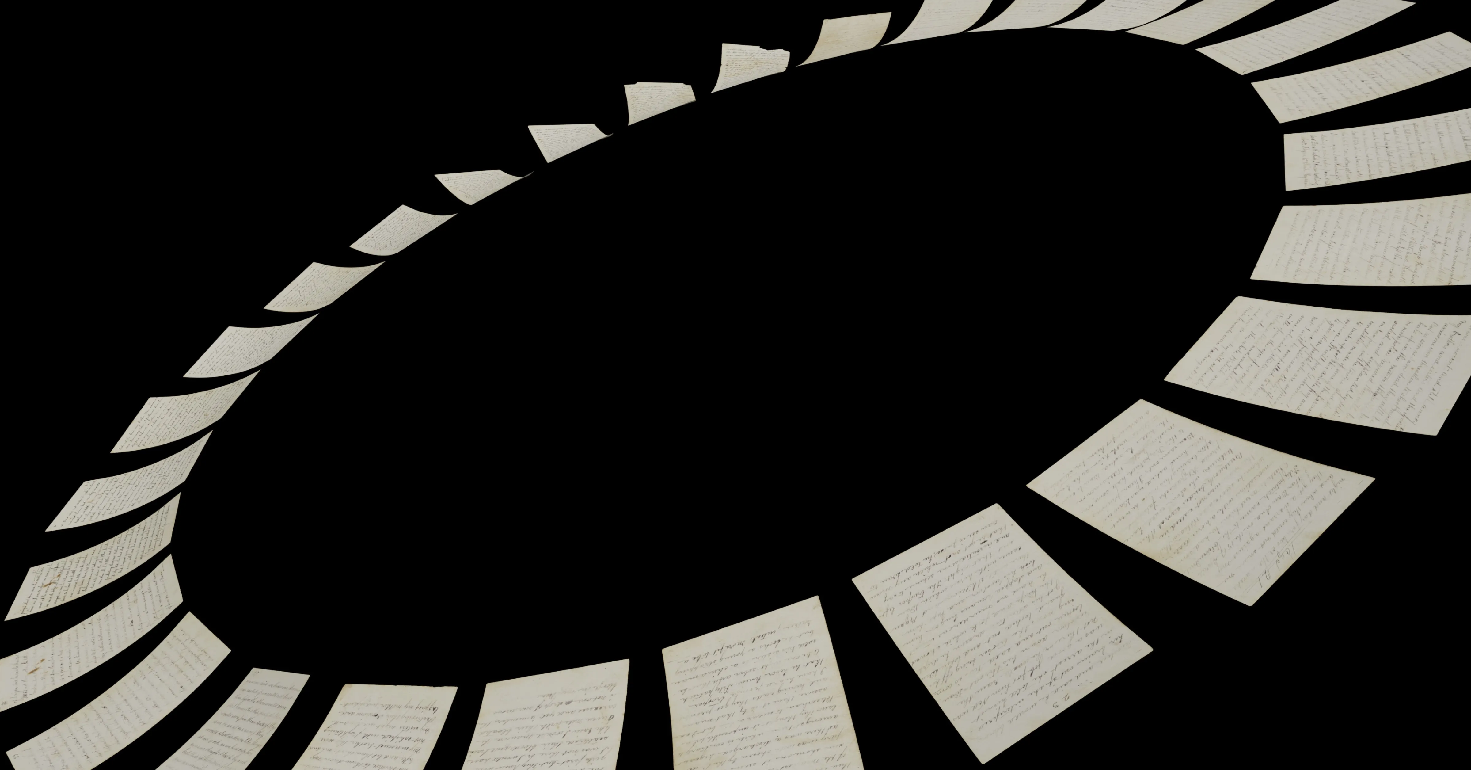 Several handwritten pages arranged in a circular pattern on a black background.