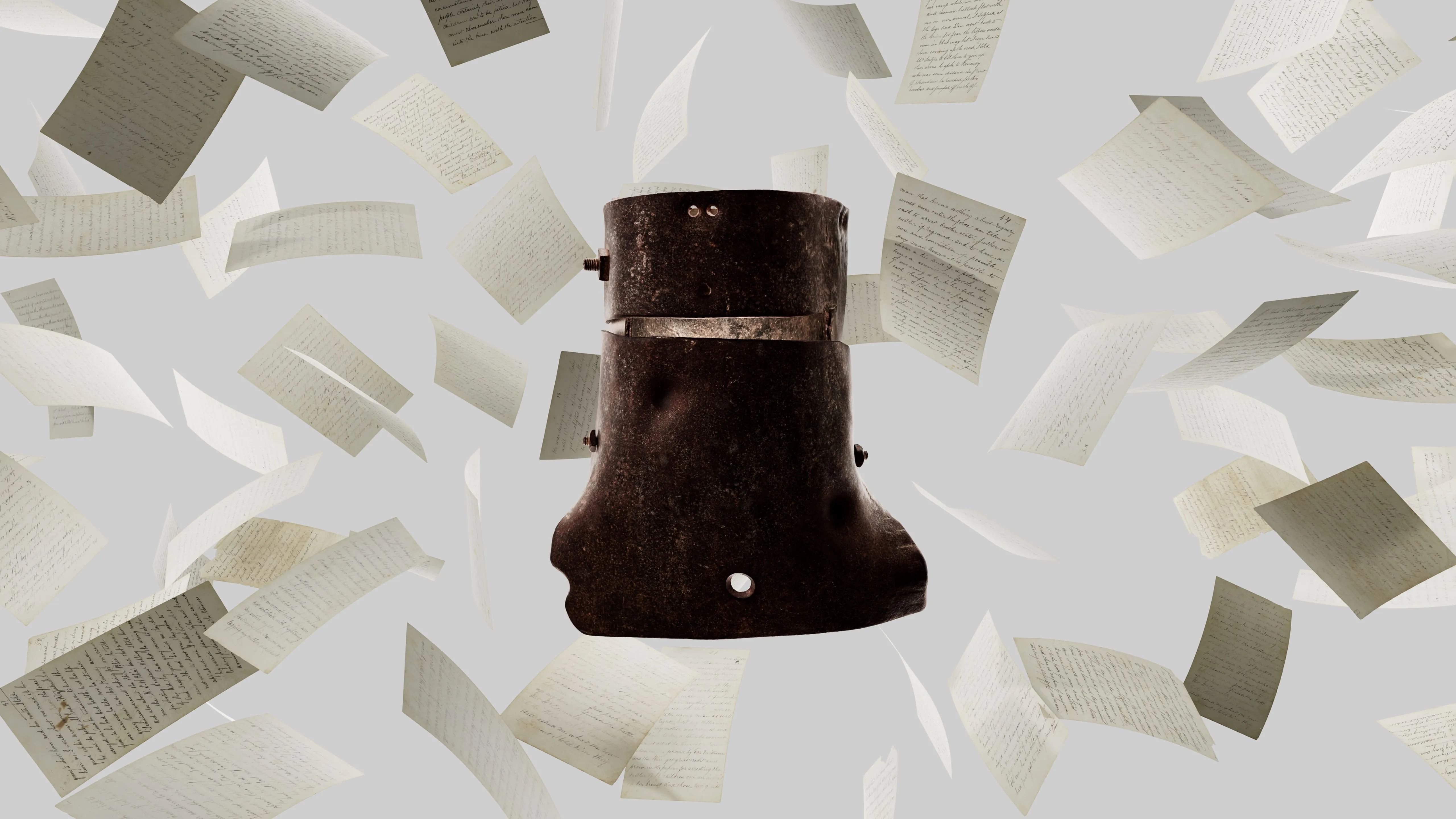 Ned Kelly's helmet surrounded by floating handwritten documents