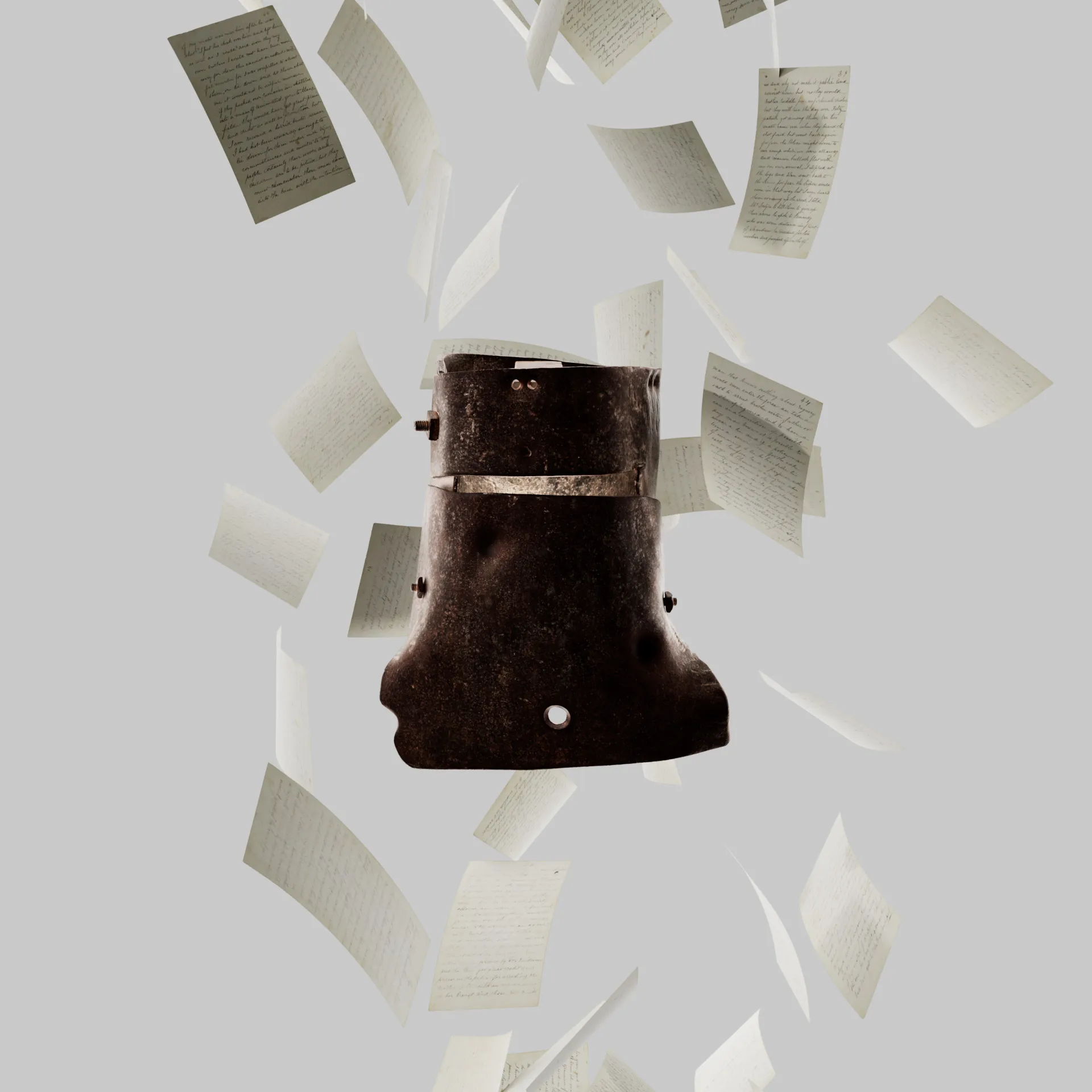 Ned Kelly armour surrounded by floating handwritten pages against a pale background.