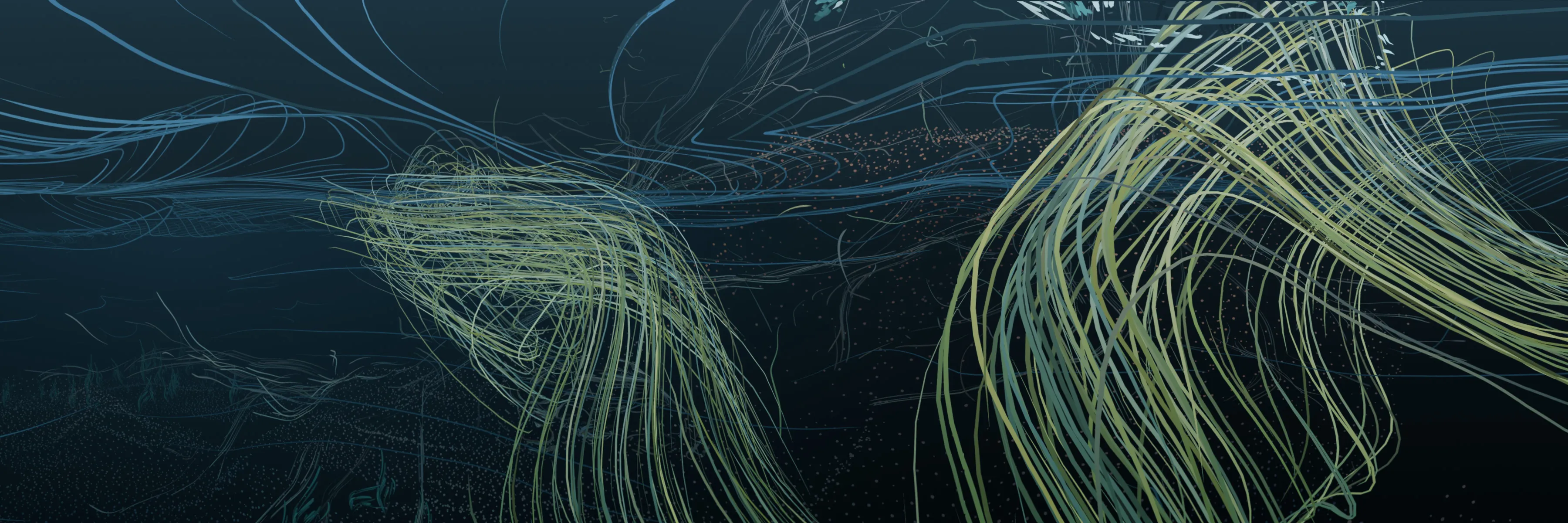Flowing 3D rendered green and yellow lines in a blue void that looks like being underwater.