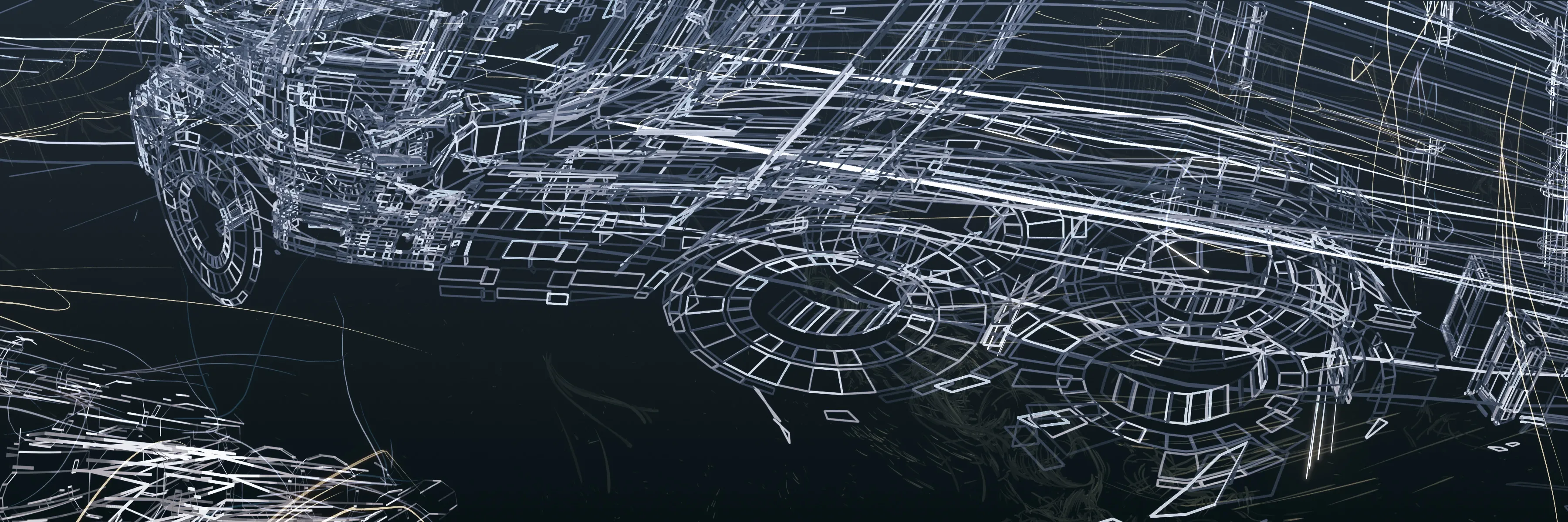 Warped wireframe lines make out the form of a semitrailer truck, with other abstract lines flying around it.