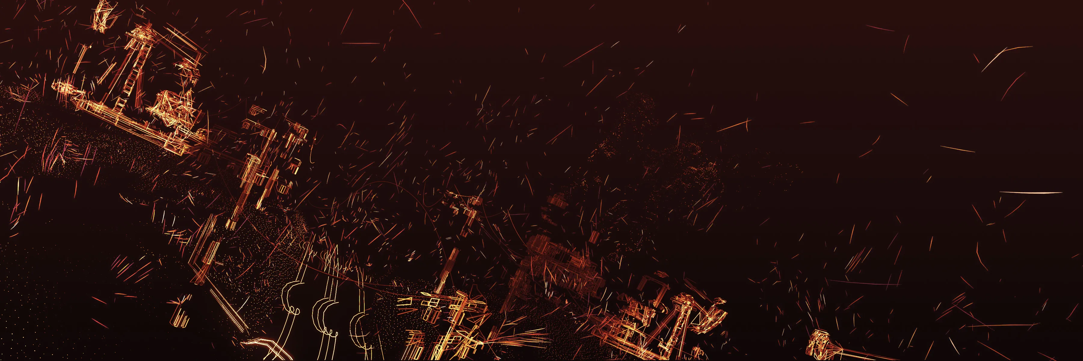 A graphic 3D rendering of embers flying through the air, creating the form of oil drills and telegraph poles.