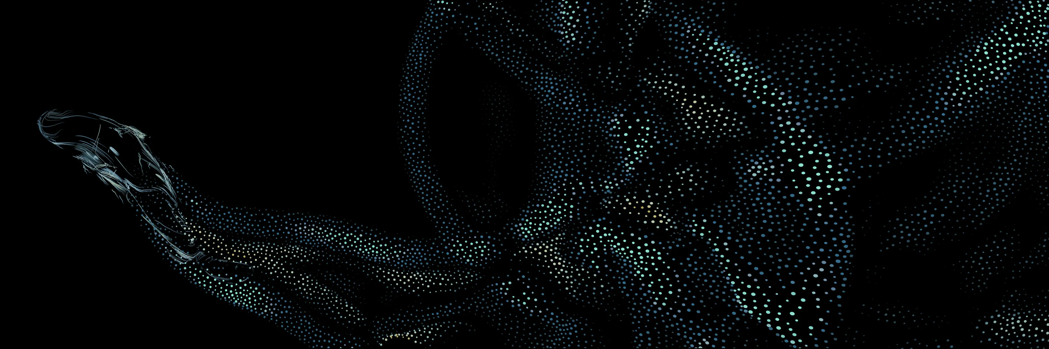 A graphic looking fish made of lines leaves a trail of points in its wake.