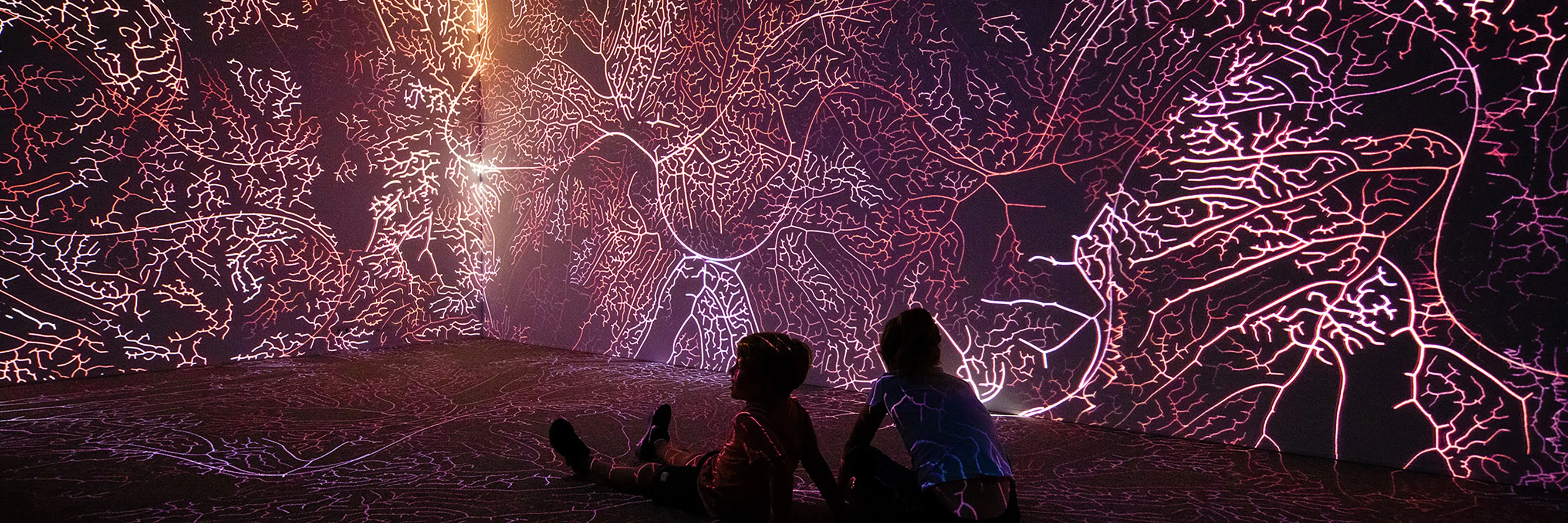 Two children sit in an immersive projection room surrounded by a graphic projectios of growing lines that look like veins or the path of rivers as seen from above.