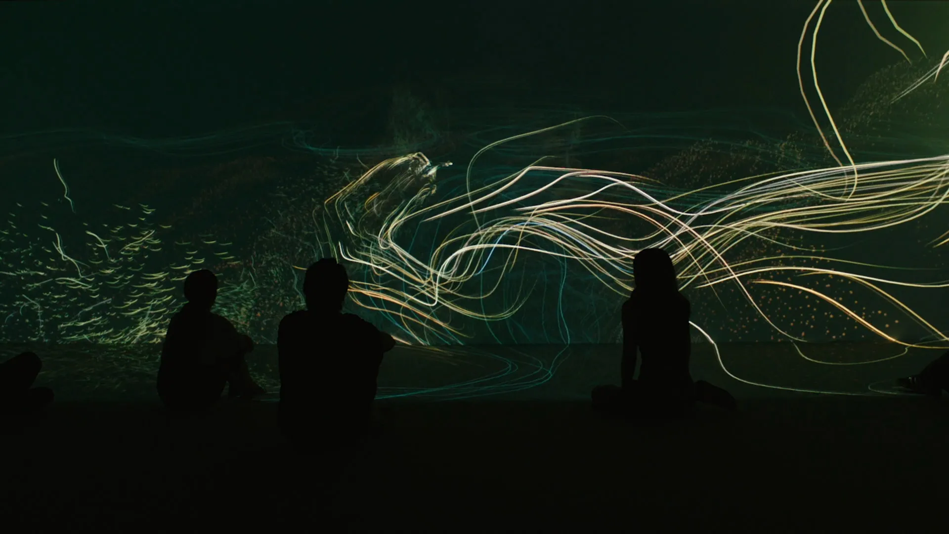Silhouetted visitors watching flowing lines of light projected across a dark immersive space.