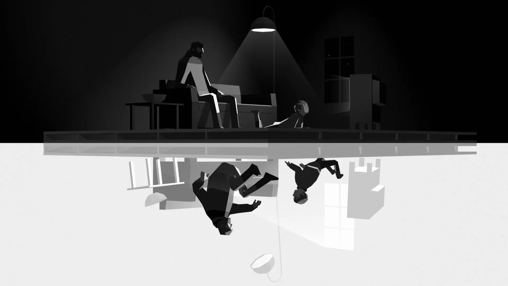 Stylised black-and-white scene of figures in a room mirrored upside down below
