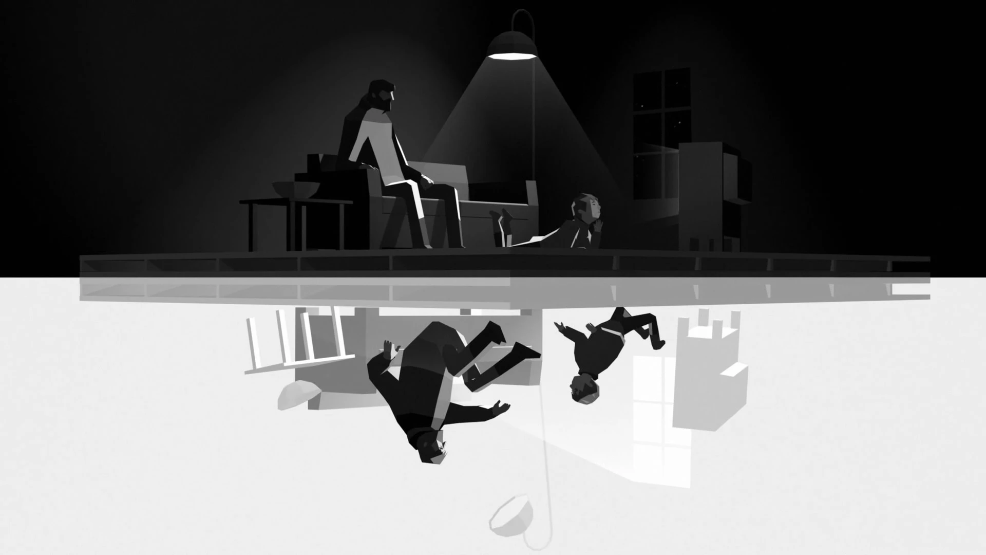 Monochrome animation showing figures above and below an inverted domestic interior.