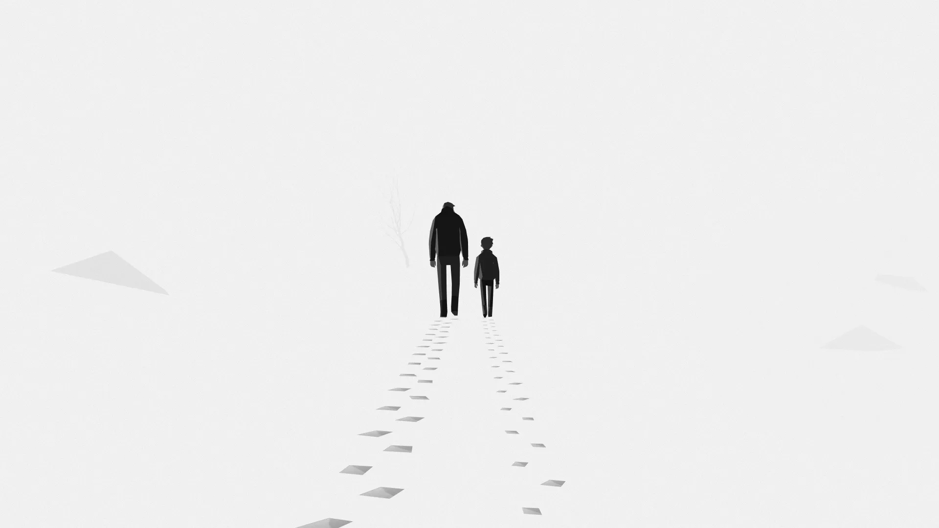 A graphic 3D rendered image of a man and boy walking in the snow, leaving footprints behind them.