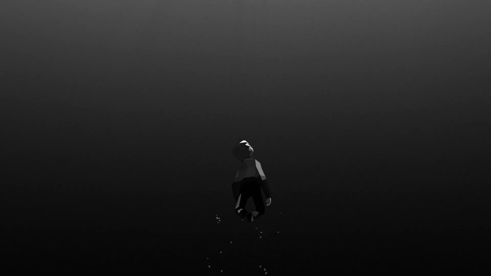 A graphic-looking black & white 3D renderered image of a boy swimming underwater.
