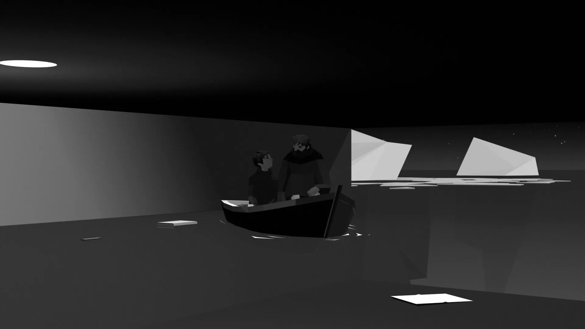 Black & white 3D rendered image of a boy and man in a row boat on the water with icebergs in the background.