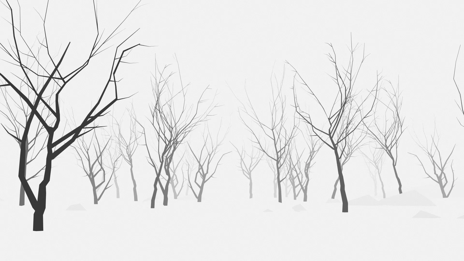 Graphic-looking black jagged trees in a white misty void.