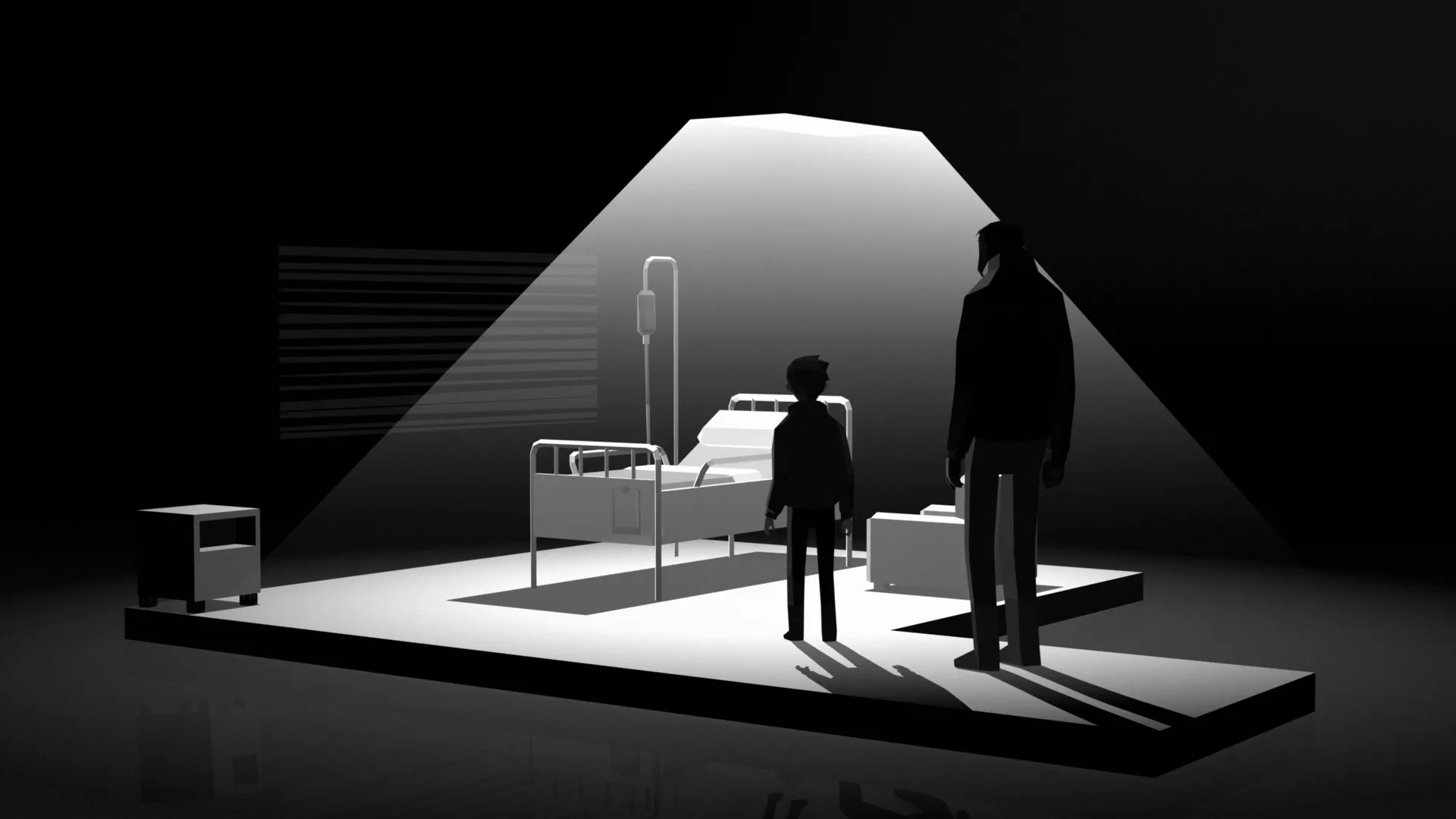 A black & white 3D rendered image of a boy and man in a hostpiral room.