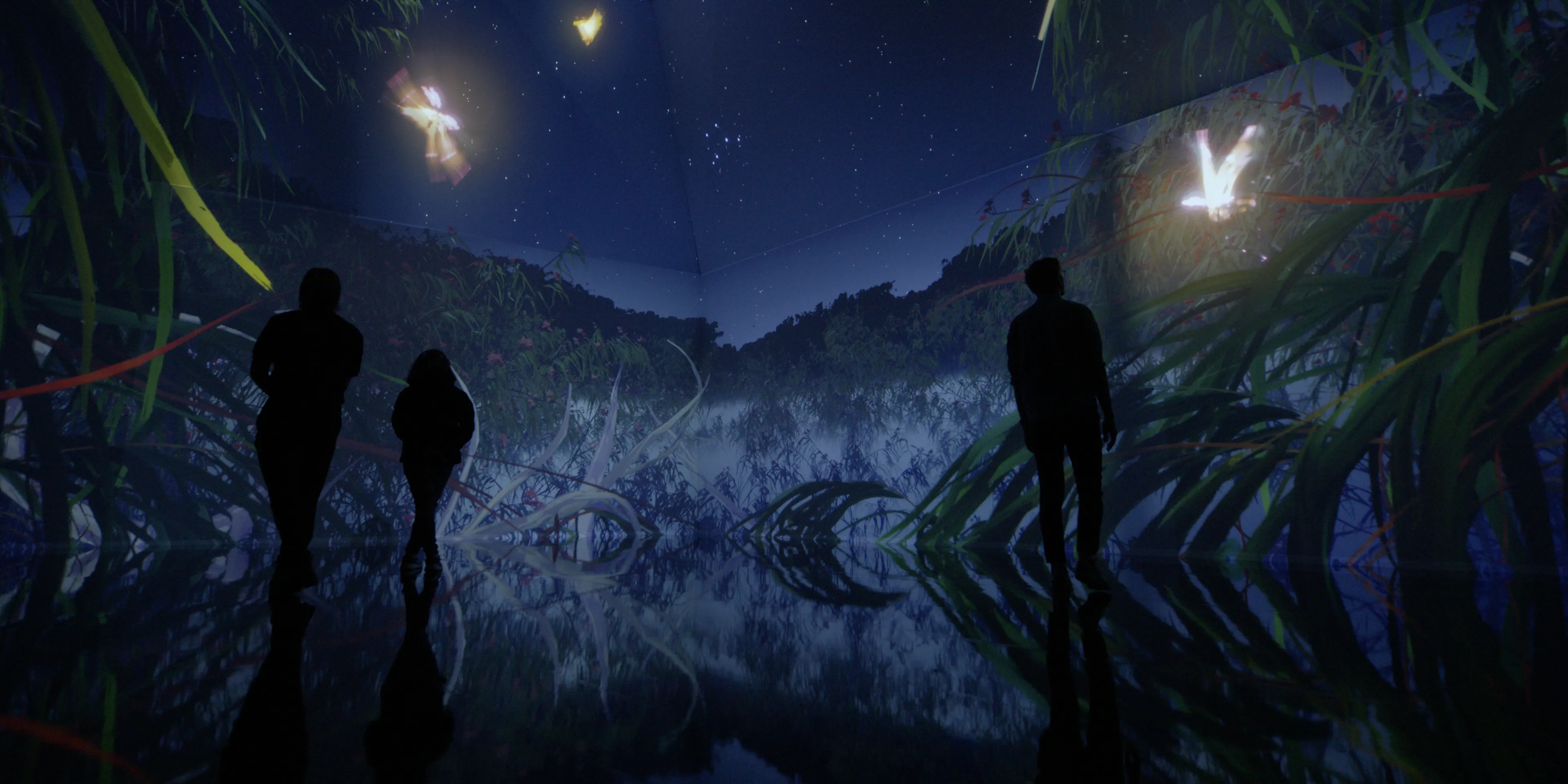 Three people stand in immersive projection room, depicting three growing moths in a night scene of trees, sky and fog.